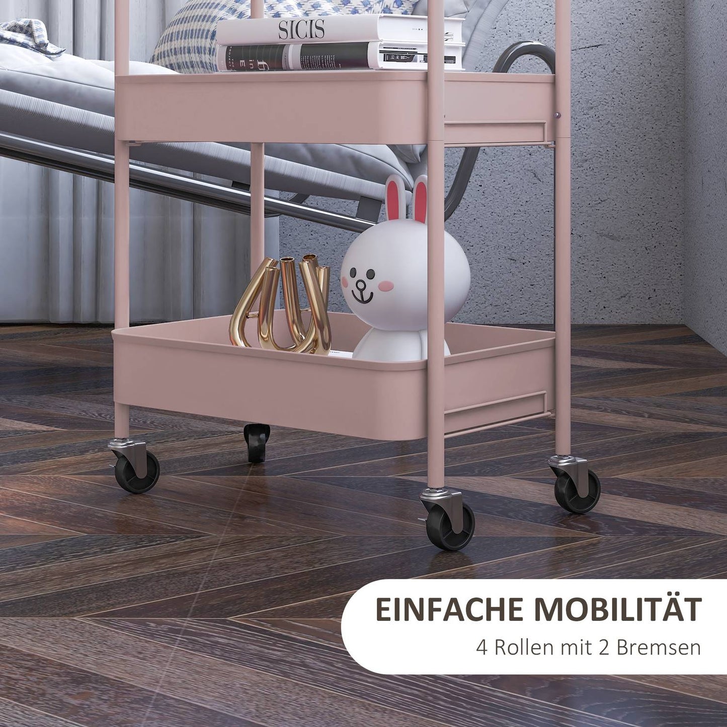 3-Tier Pink Steel Storage Cart with Wheels