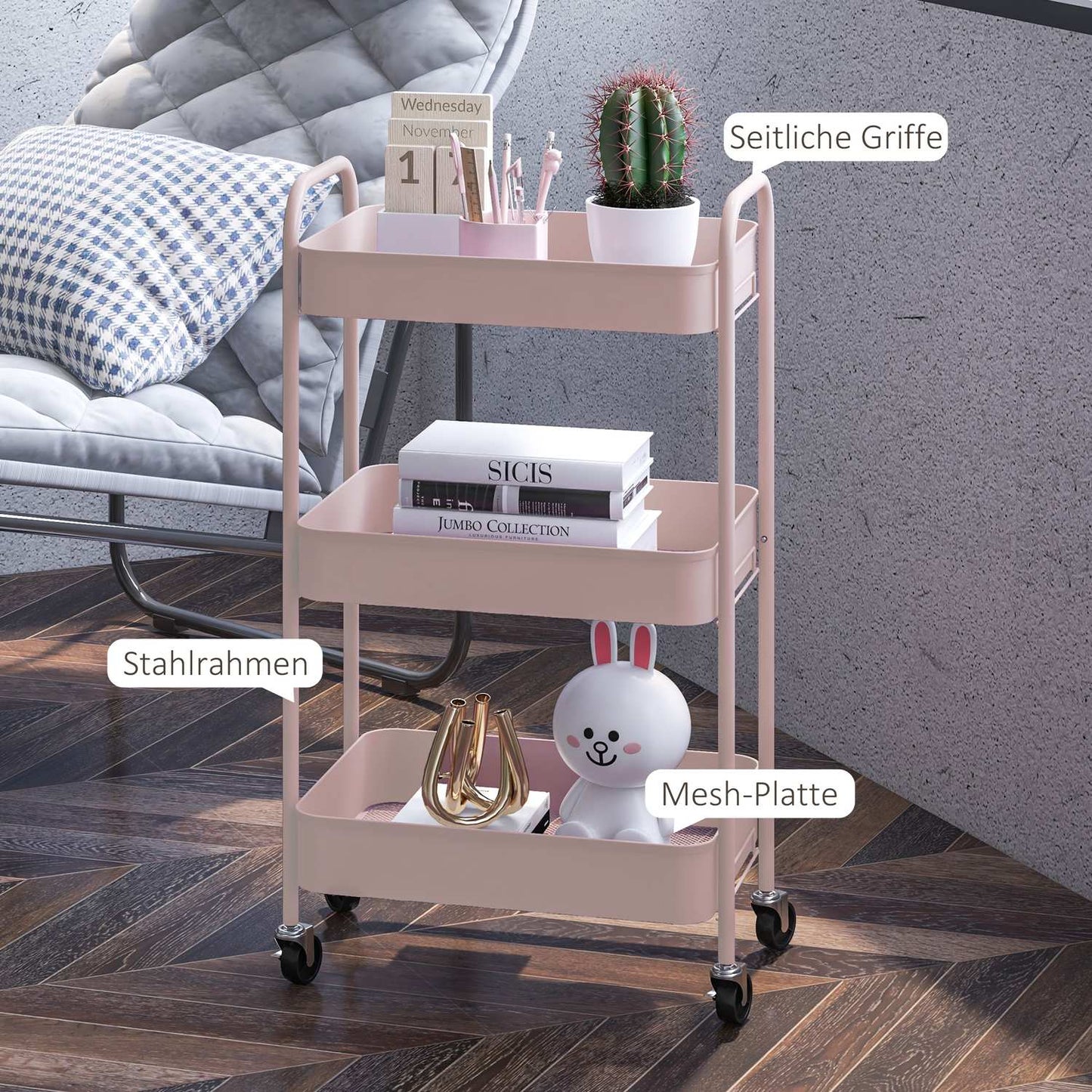 3-Tier Pink Steel Storage Cart with Wheels