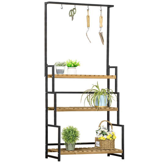 Three-level wooden plant shelf with hooks - 80x36x174 cm