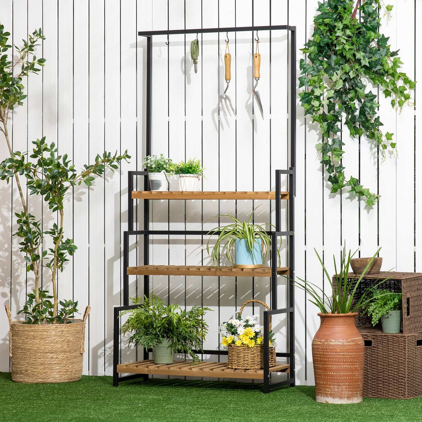 Three-level wooden plant shelf with hooks - 80x36x174 cm