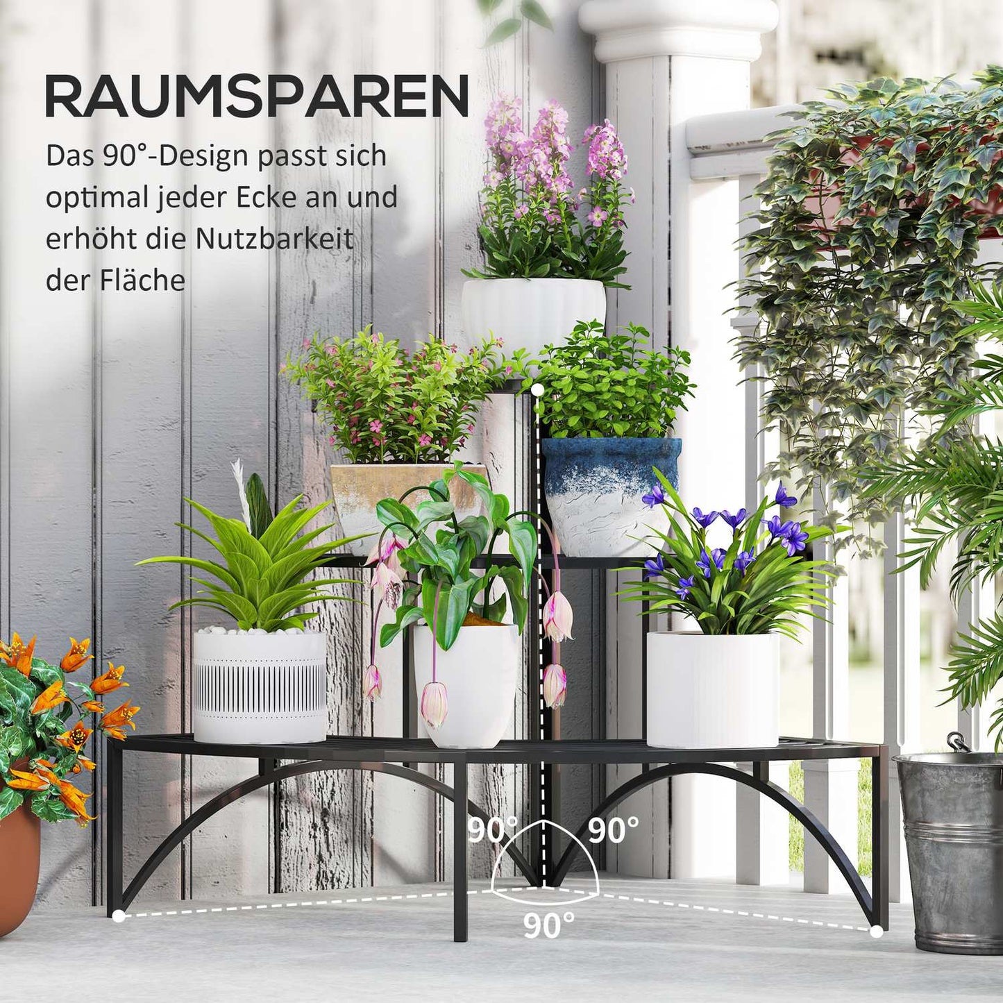 Plant stand in three levels in metal for indoor outdoor use, 60 cm high