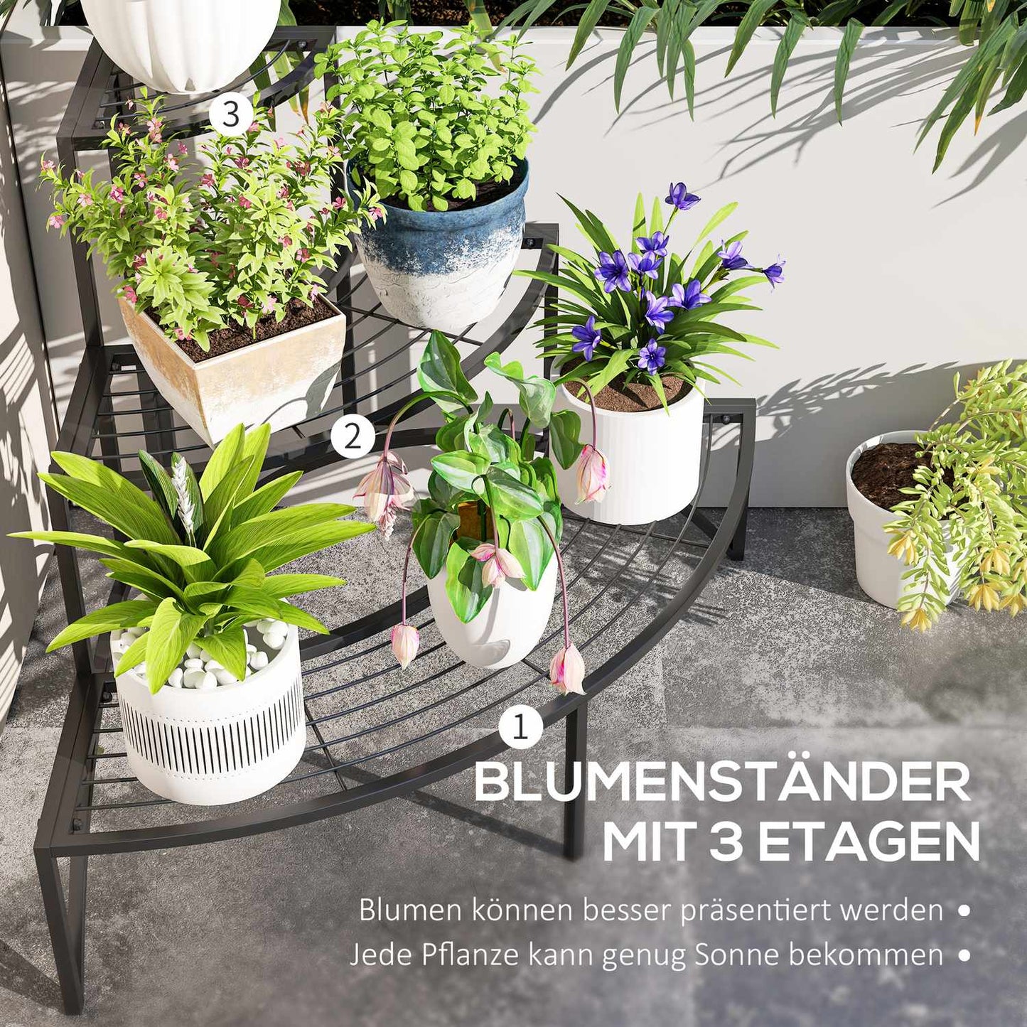 Plant stand in three levels in metal for indoor outdoor use, 60 cm high