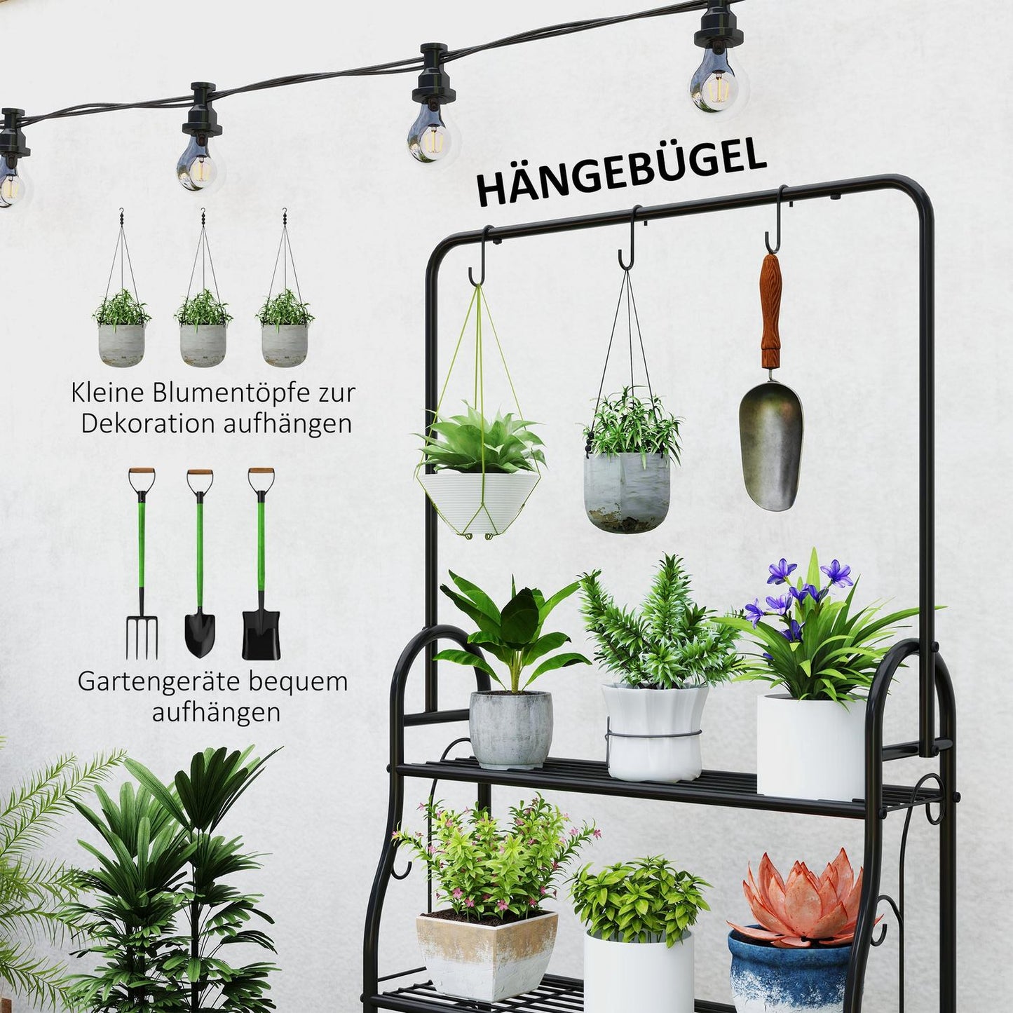 3-tier plant stand in black metal with hanging hooks, 137 cm high