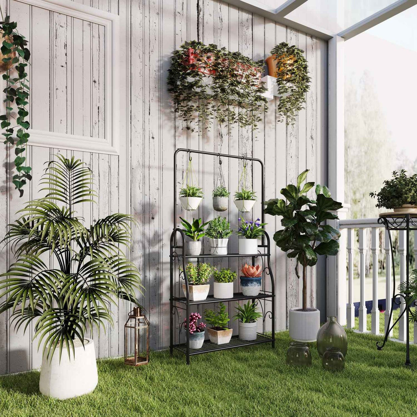 3-tier plant stand in black metal with hanging hooks, 137 cm high