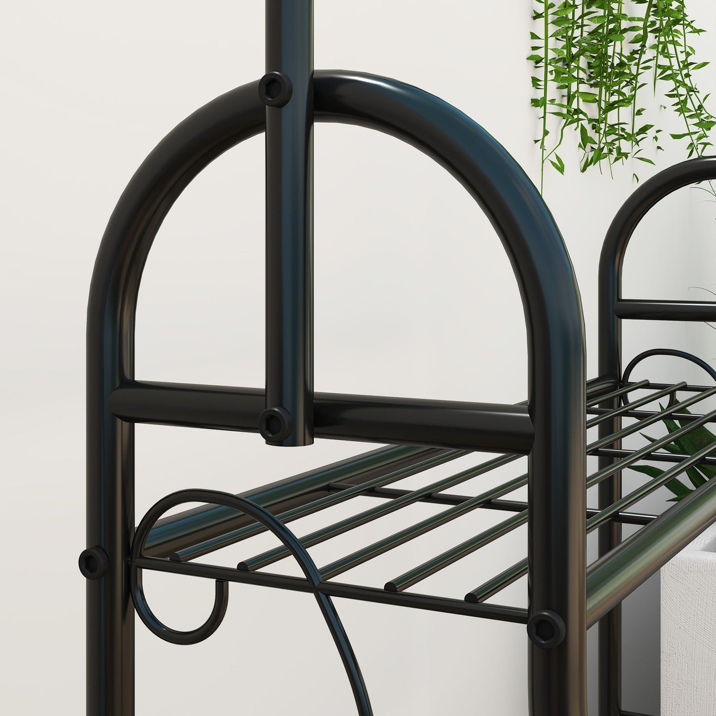 3-tier plant stand in black metal with hanging hooks, 137 cm high