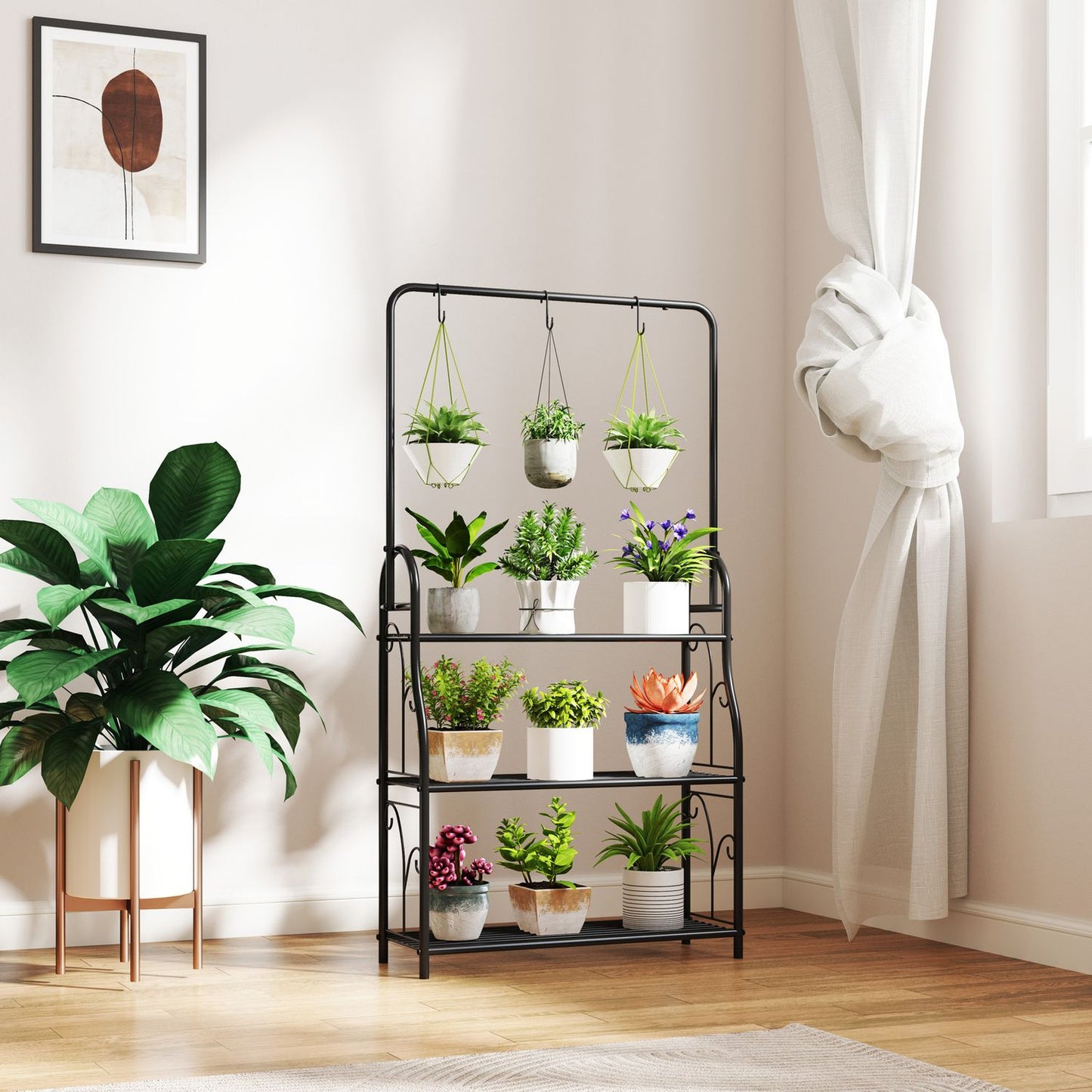 3-tier plant stand in black metal with hanging hooks, 137 cm high