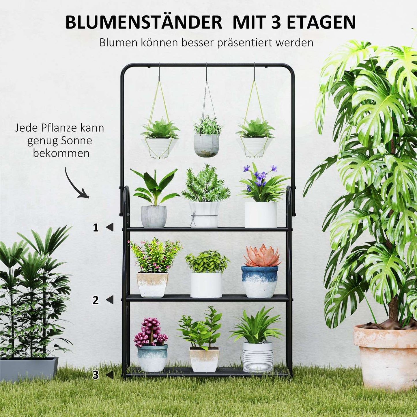 3-tier plant stand in black metal with hanging hooks, 137 cm high