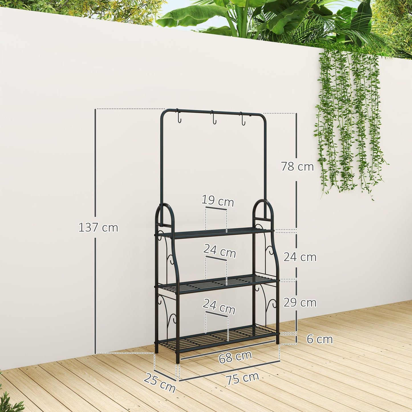 3-tier plant stand in black metal with hanging hooks, 137 cm high