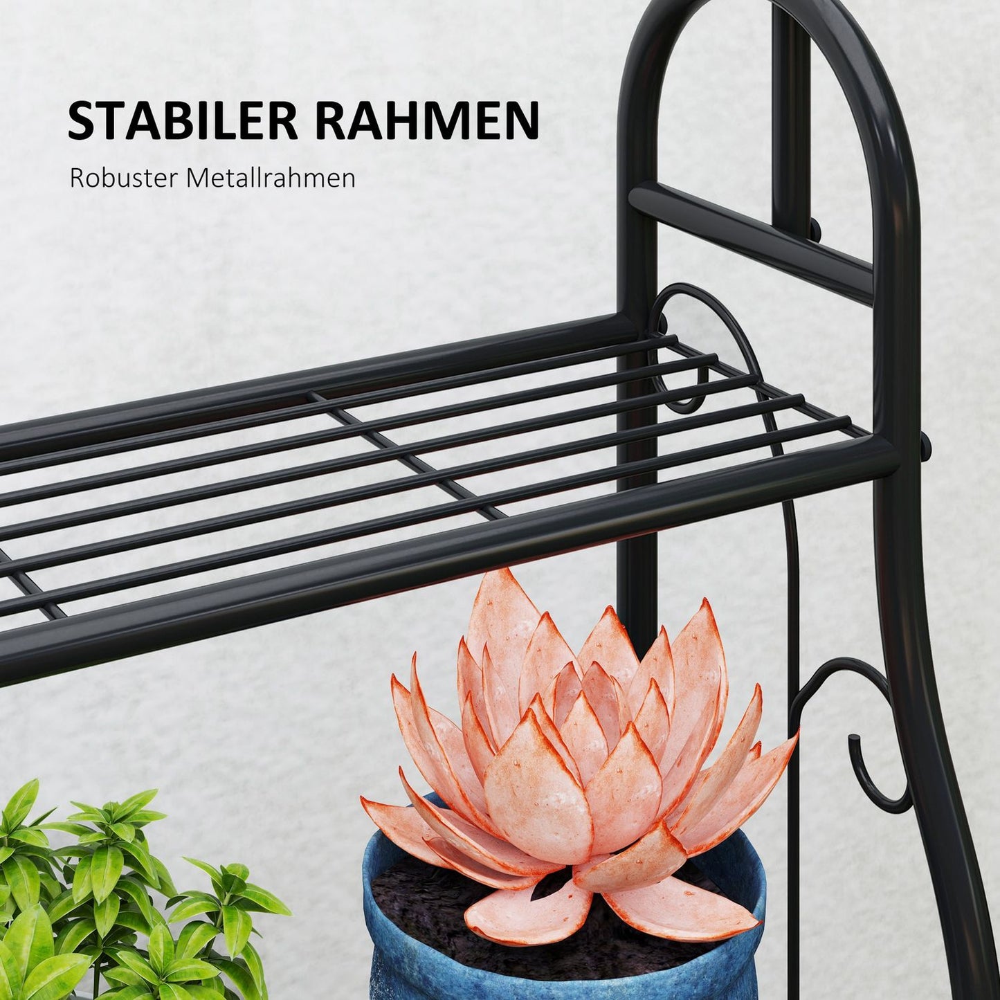 3-tier plant stand in black metal with hanging hooks, 137 cm high