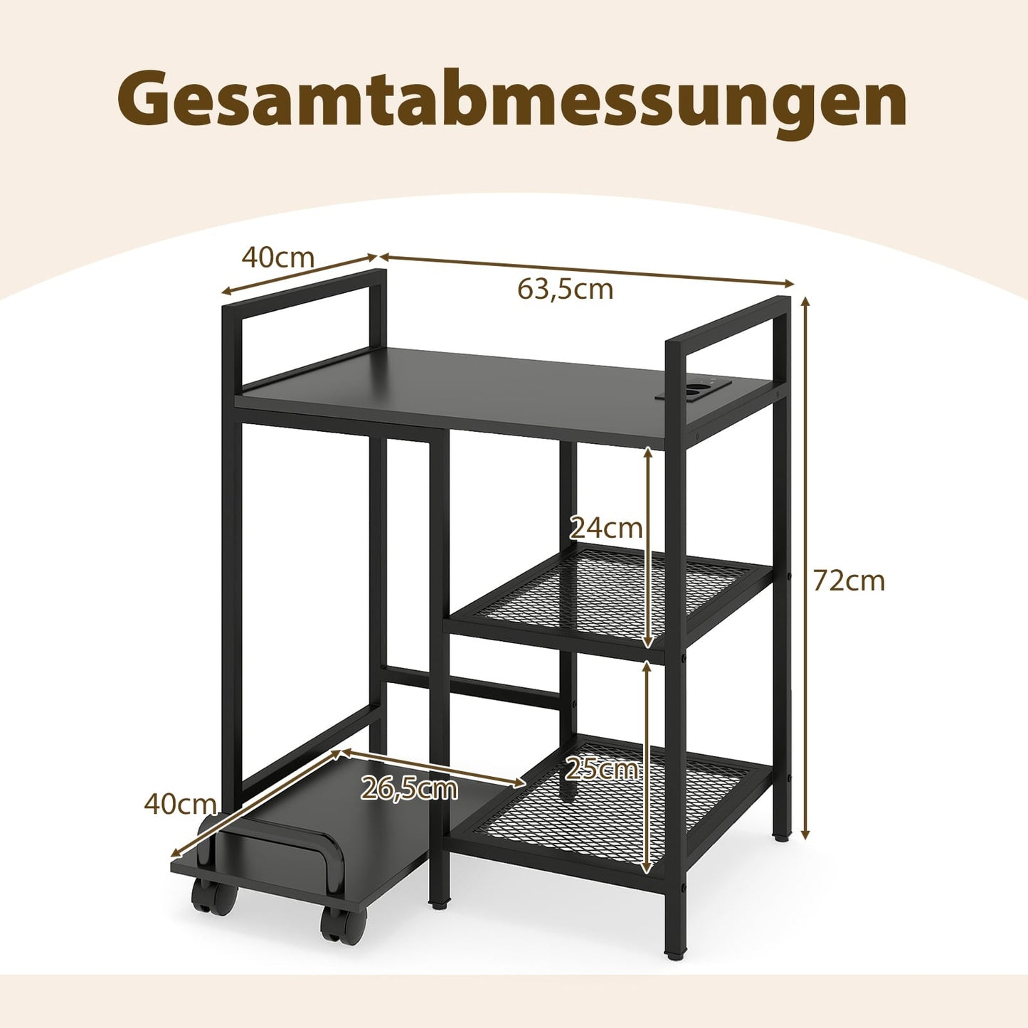 3-Tier Printer Stand with Charging Station, Black