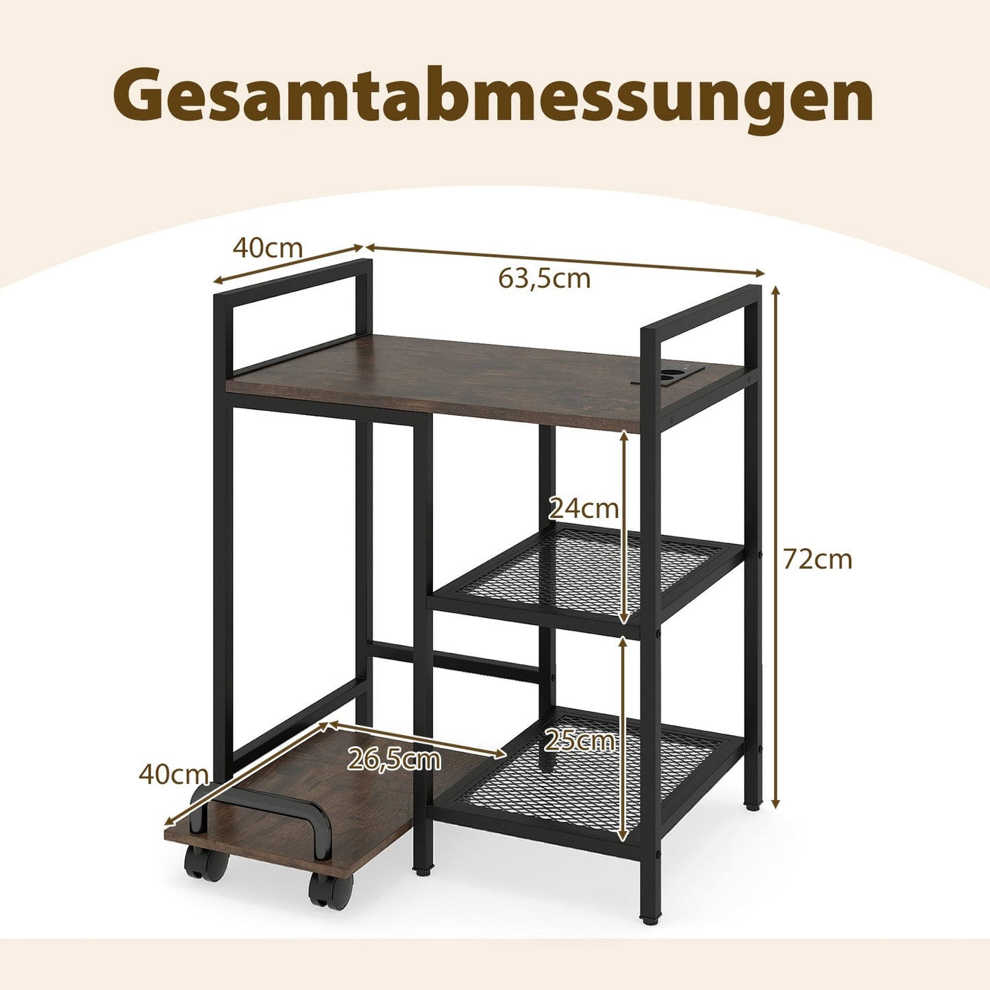 3-Tier Printer Stand with Charging Station, Rustic Brown