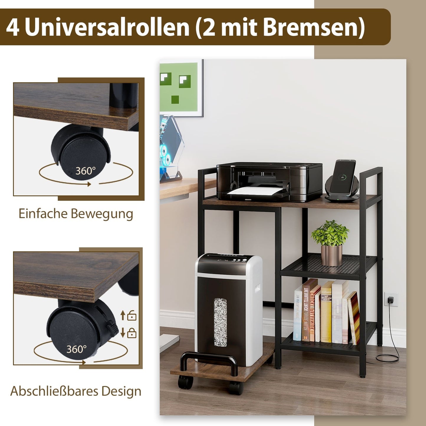 3-Tier Printer Stand with Charging Station, Rustic Brown