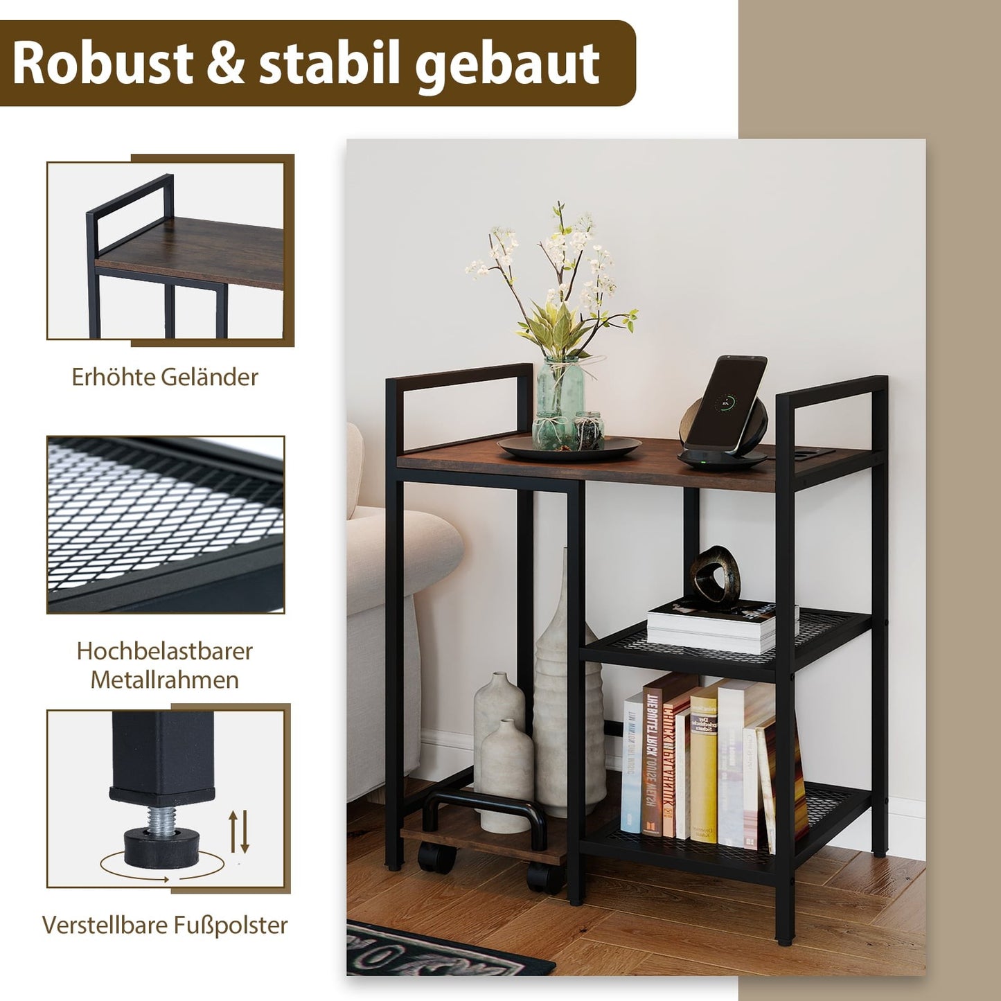 3-Tier Printer Stand with Charging Station, Rustic Brown