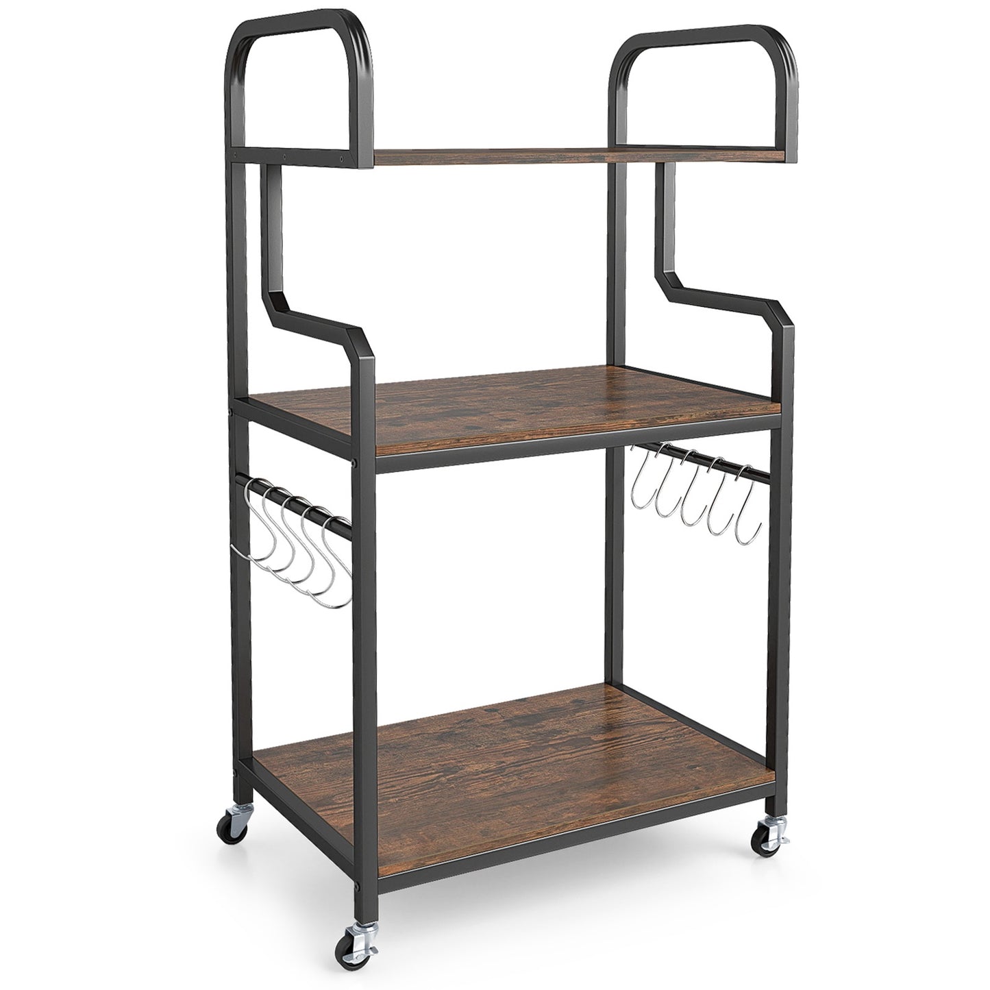3-Tier Printer Stand with Wheels and Hooks, Brown
