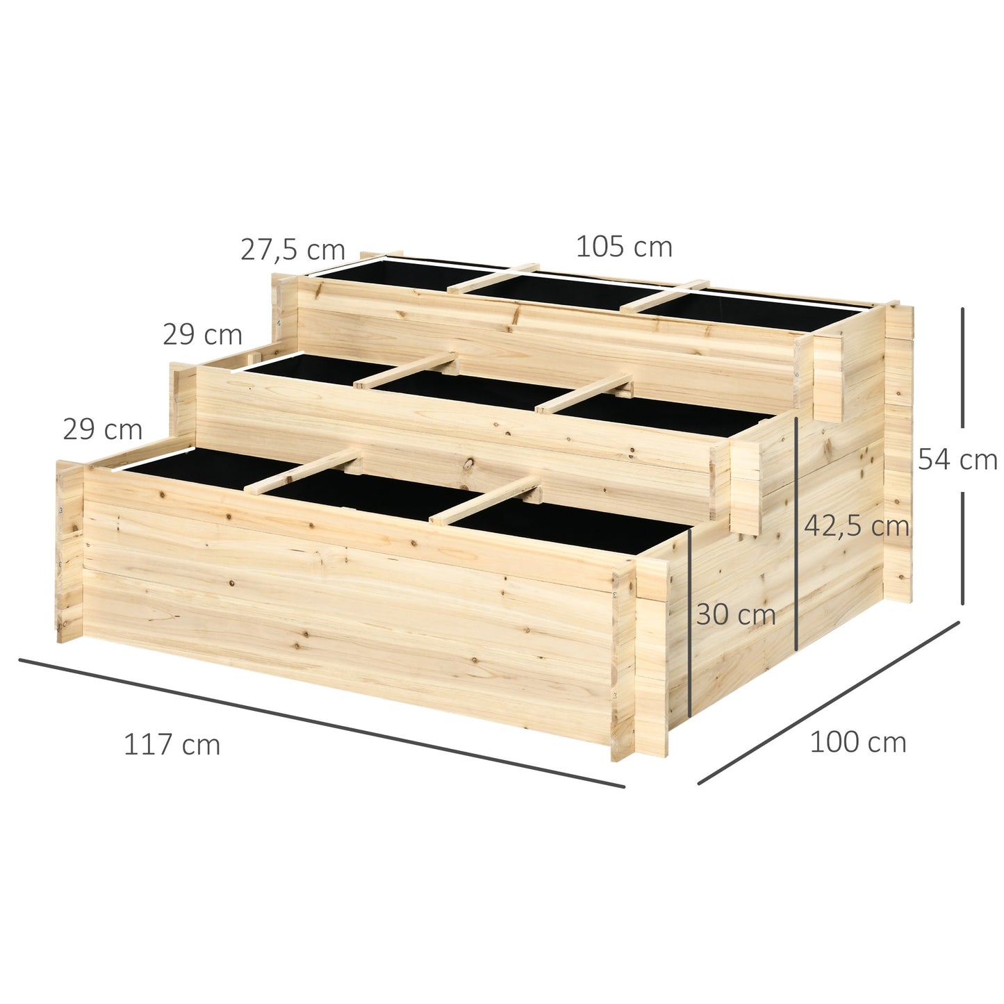 3-Tier Raised Garden Bed, Natural Wood, 117 x 100 x 54 cm