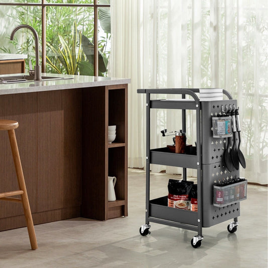 3 Tier Rolling Cart Metal Cart with 2 Pegboards & 2 Baskets & 4 Hooks Gray