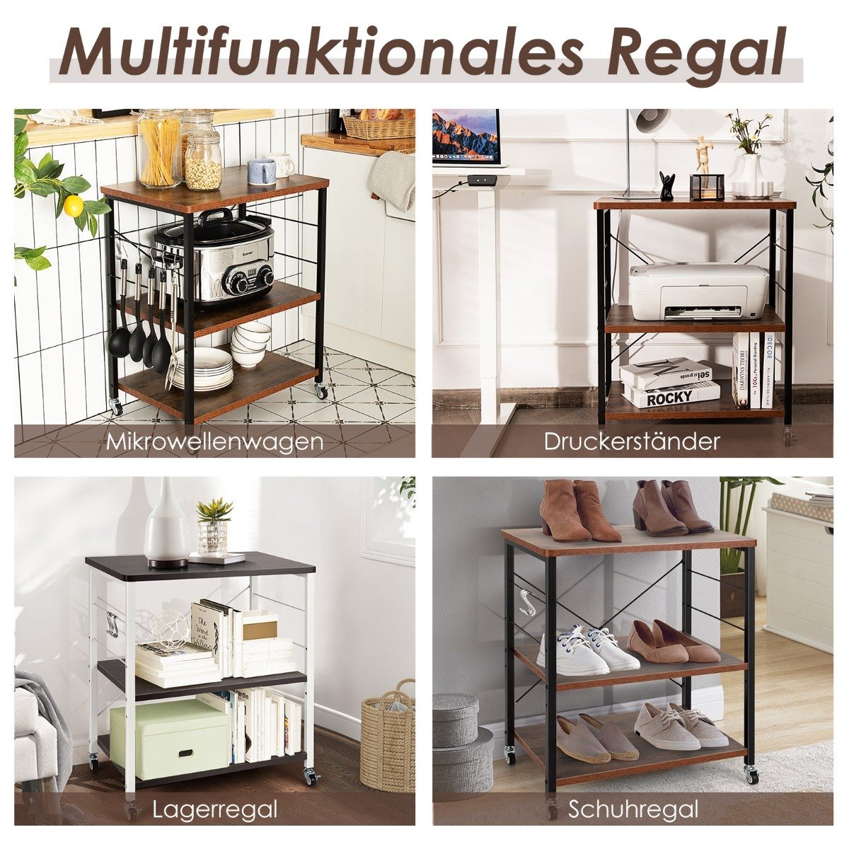 3-Tier Rolling Cart with Adjustable Shelf & 10 Hooks