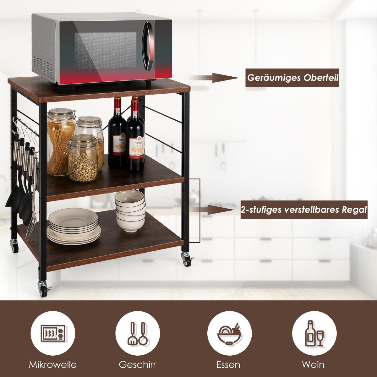 3-Tier Rolling Cart with Adjustable Shelf & 10 Hooks