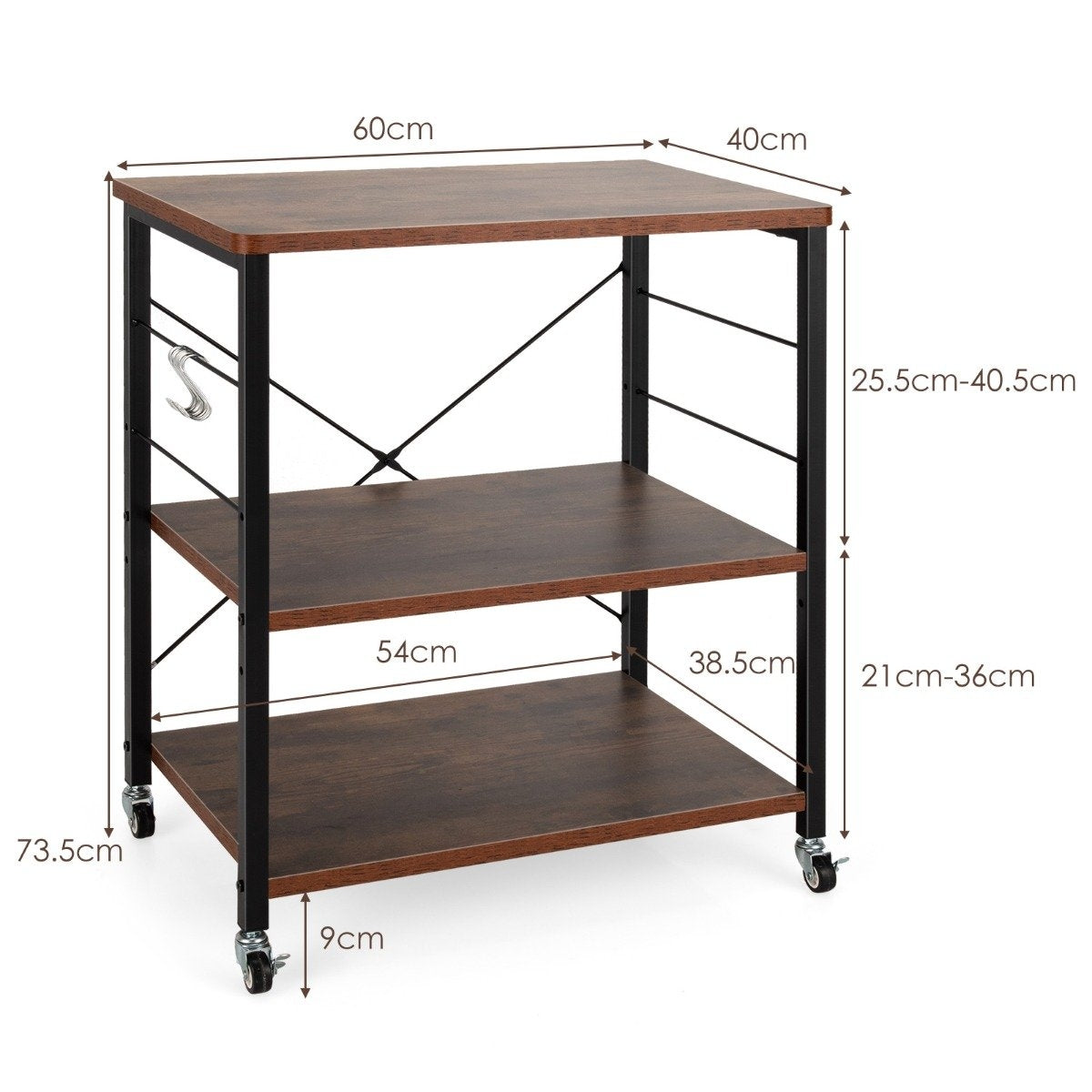 3-Tier Rolling Cart with Adjustable Shelf & 10 Hooks