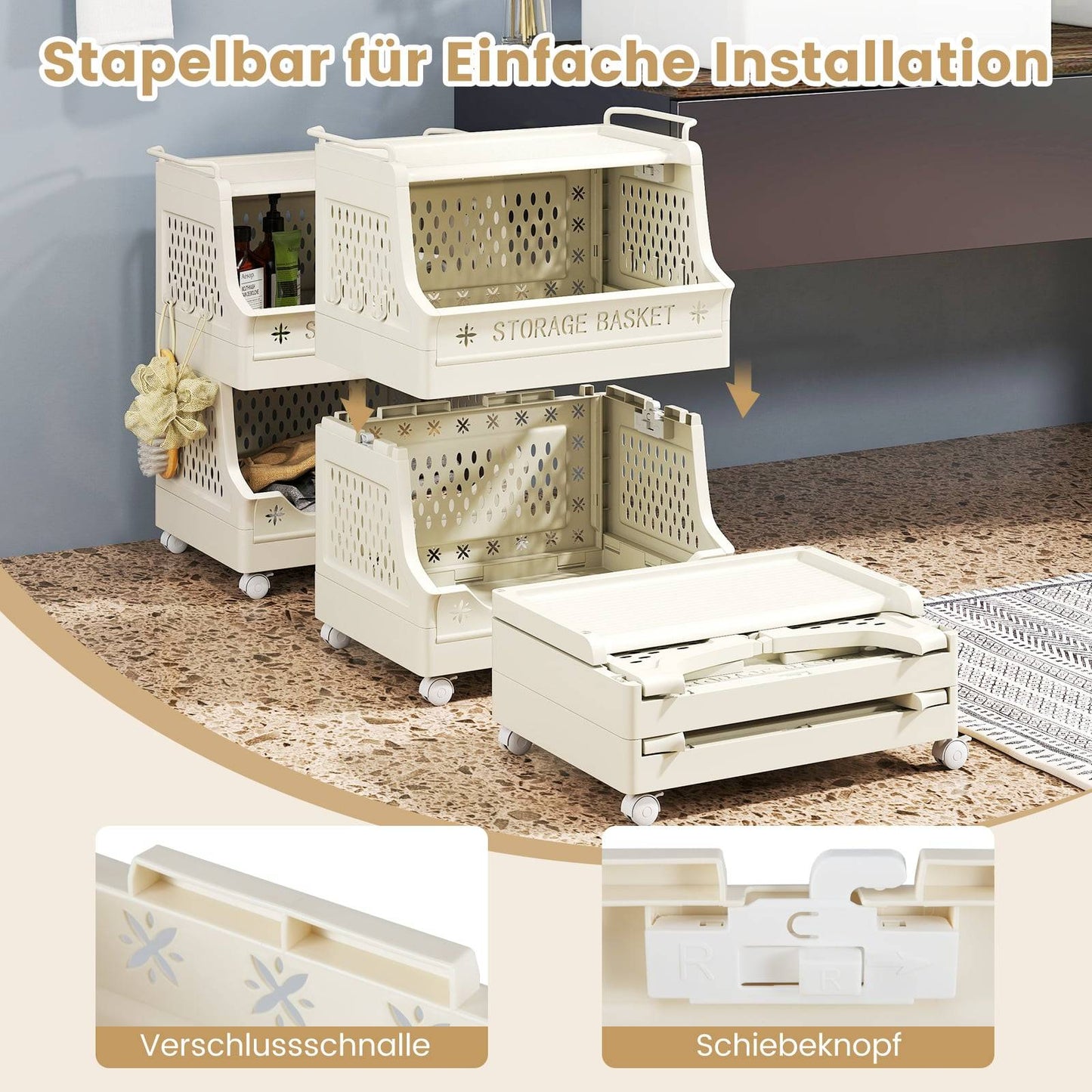 3-Tier Rolling Laundry Basket with Handles & Hooks