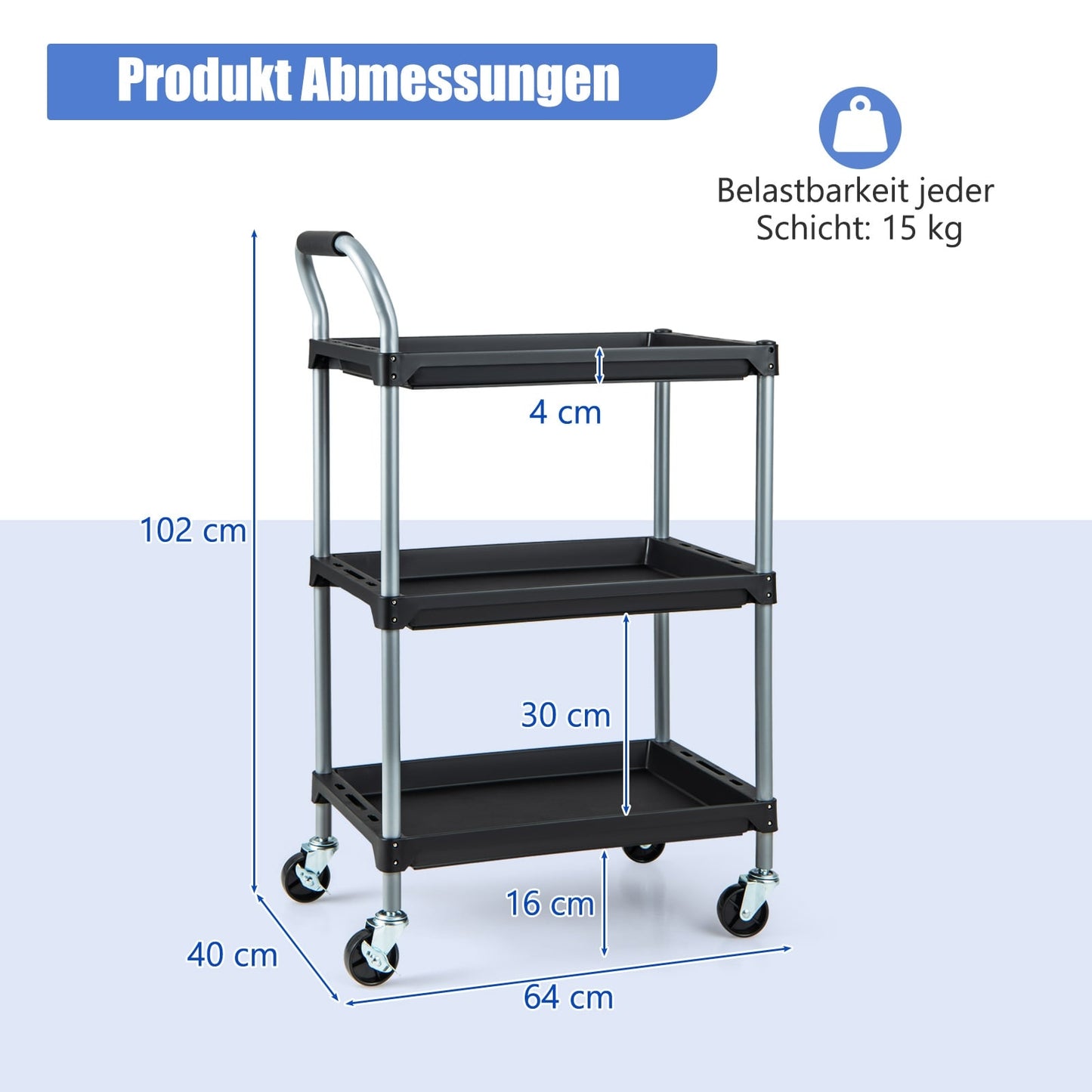 3-Tier Rolling Tool Cart with Wheels, Black, 64x40x102 cm