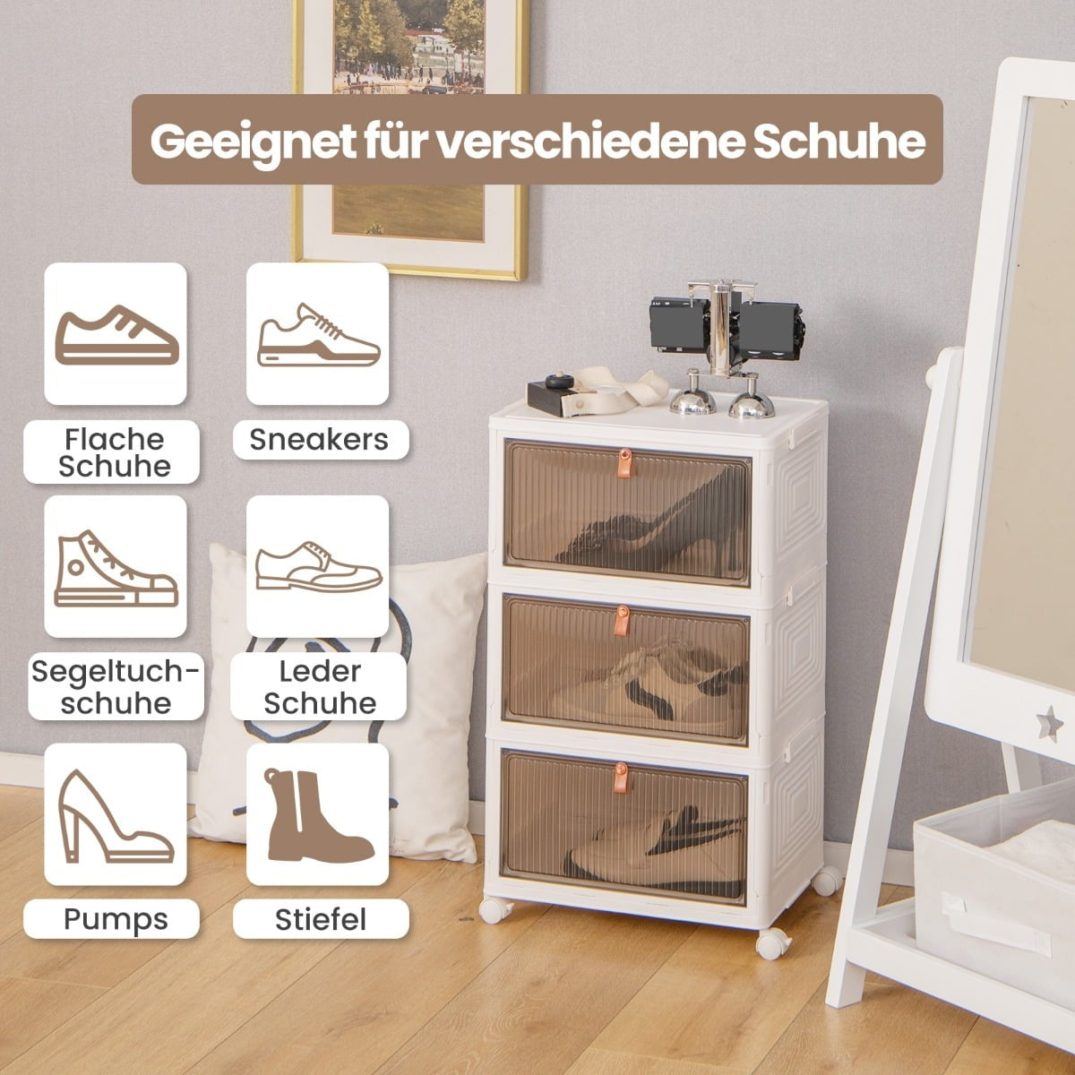 3-Tier Shoe Storage Box with Magnetic Doors & Wheels