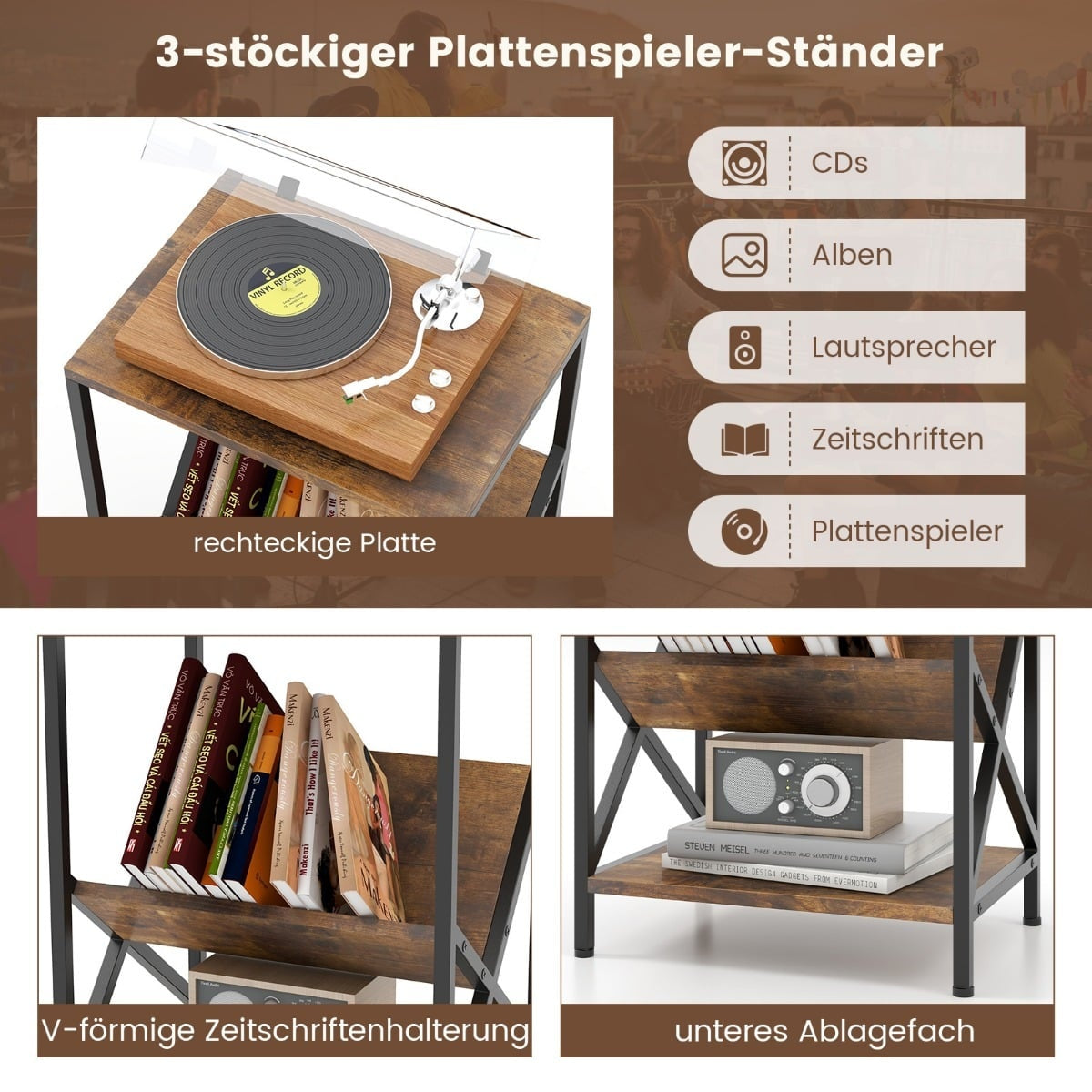 3-Tier Side Table with V-Shaped Magazine Holder, Brown