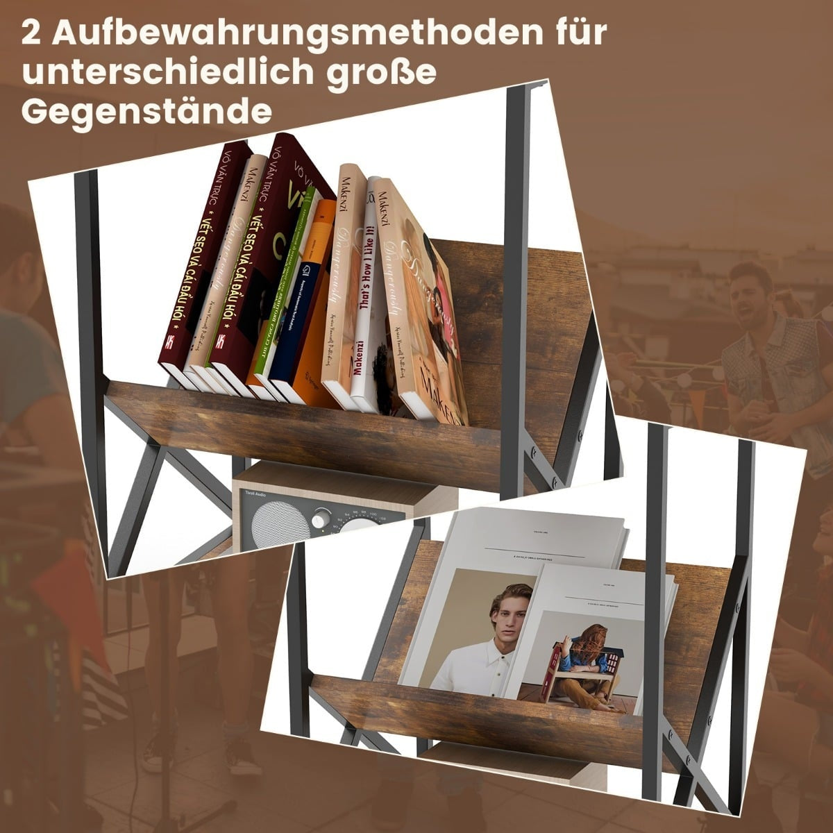 3-Tier Side Table with V-Shaped Magazine Holder, Brown