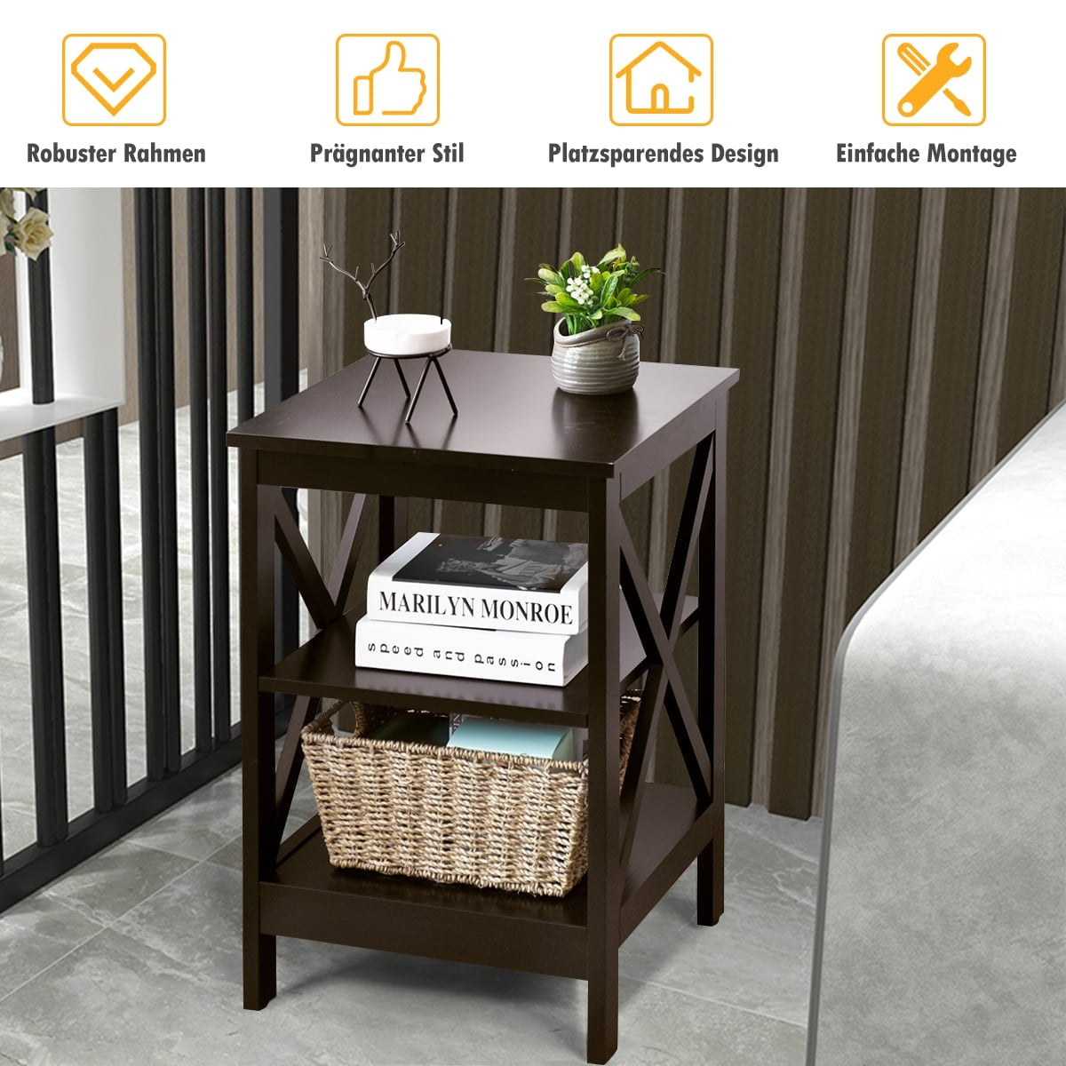 3-Tier Square Side Table, 40x40x61 cm, Brown MDF