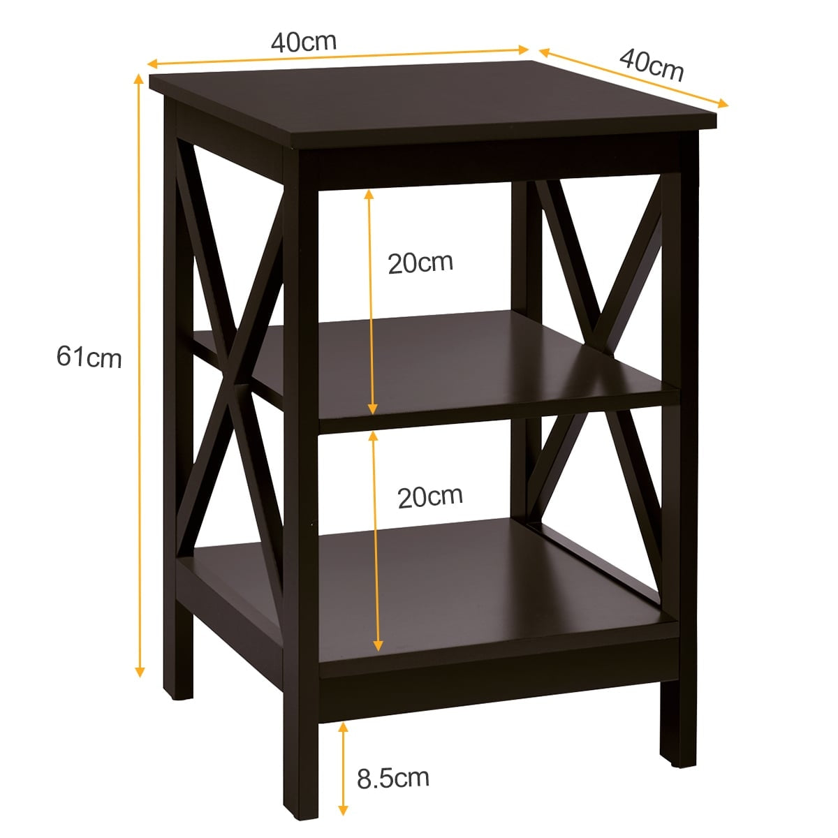 3-Tier Square Side Table, 40x40x61 cm, Brown MDF