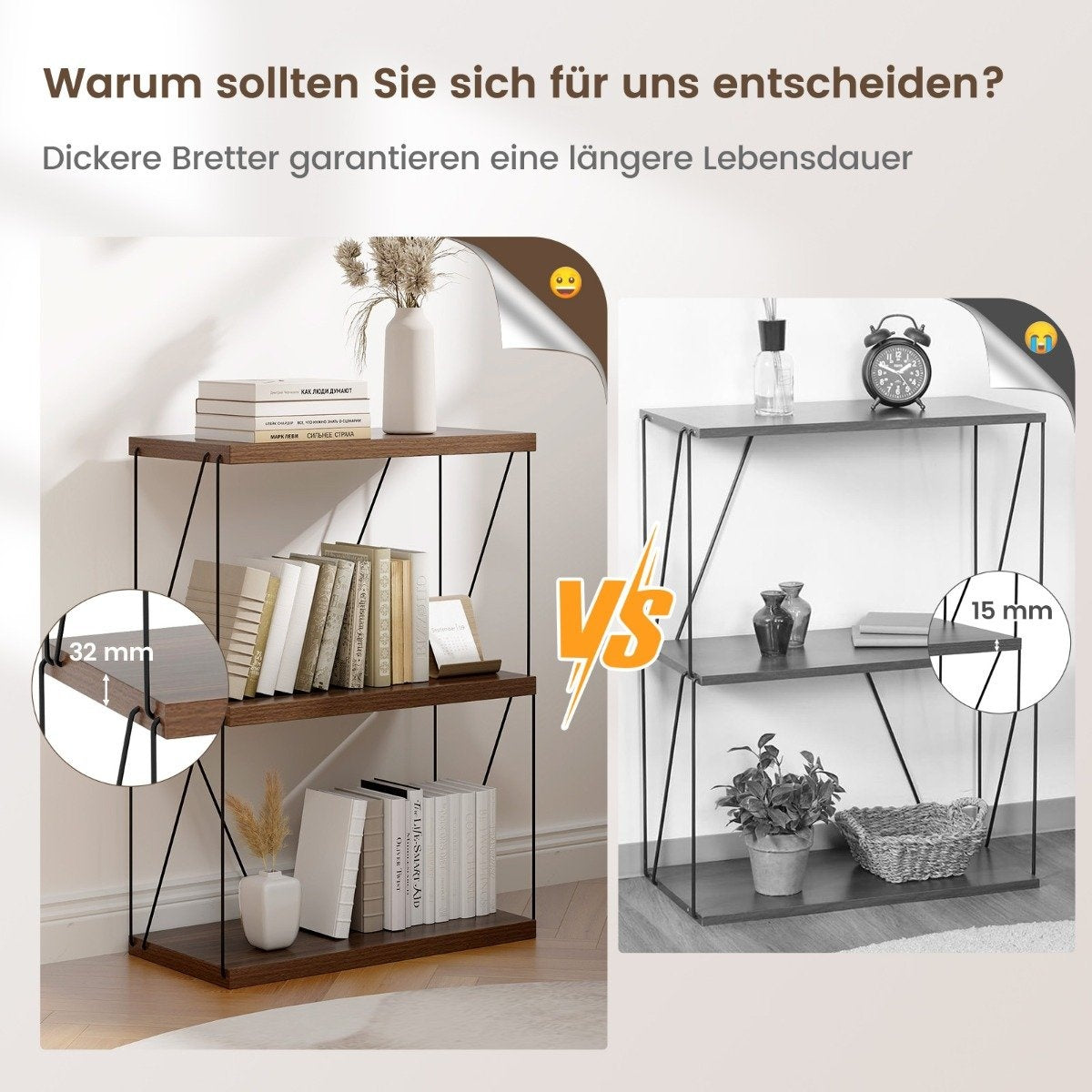 3 Tier Standing Shelf with Metal Frame Industrial Bookcase Storage Rack 60 x 29.5 x 82 cm