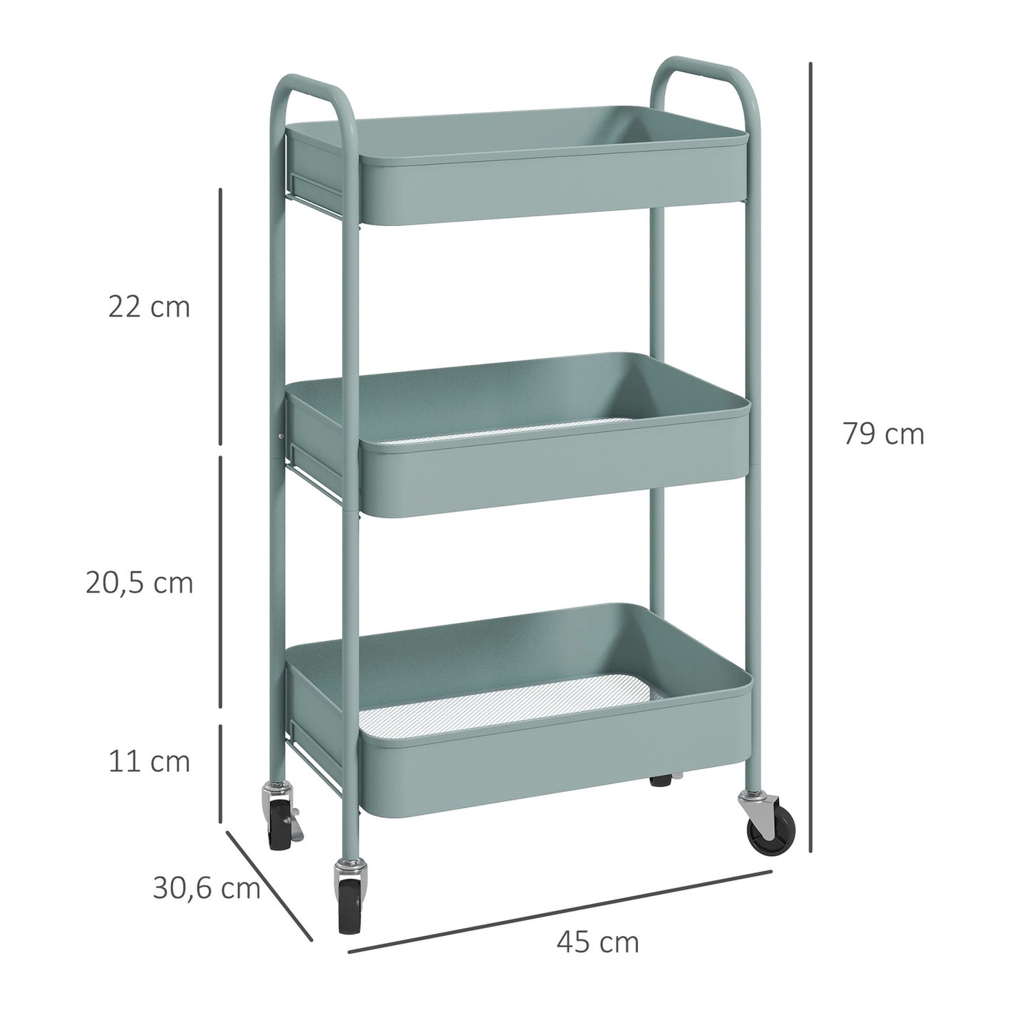 3-Tier Steel Storage Cart with Wheels, Light Blue