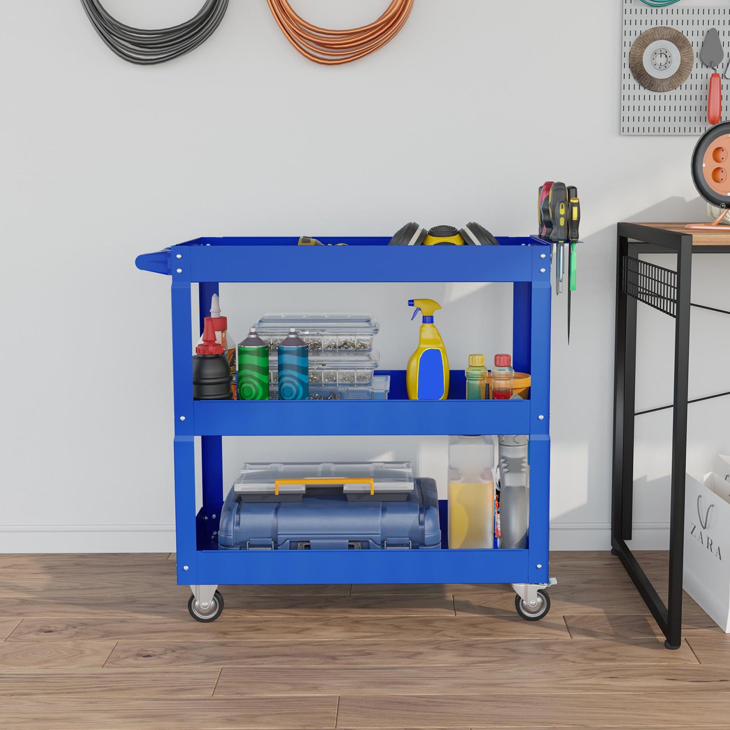 3-Tier Steel Tool Cart, 4 Wheels, 83x35.3x76 cm, Blue
