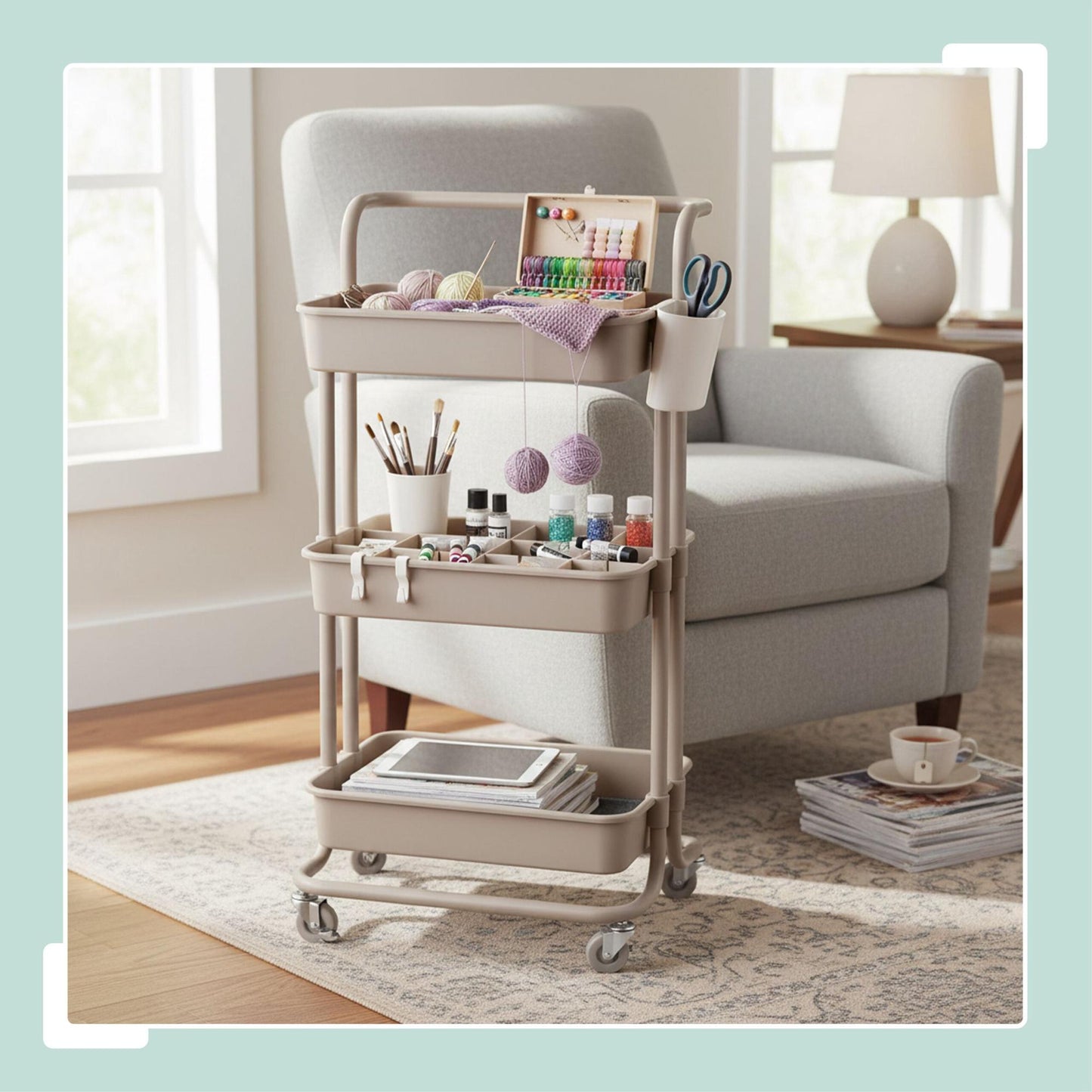 3-Tier Trolley with Adjustable Dividers and Hooks