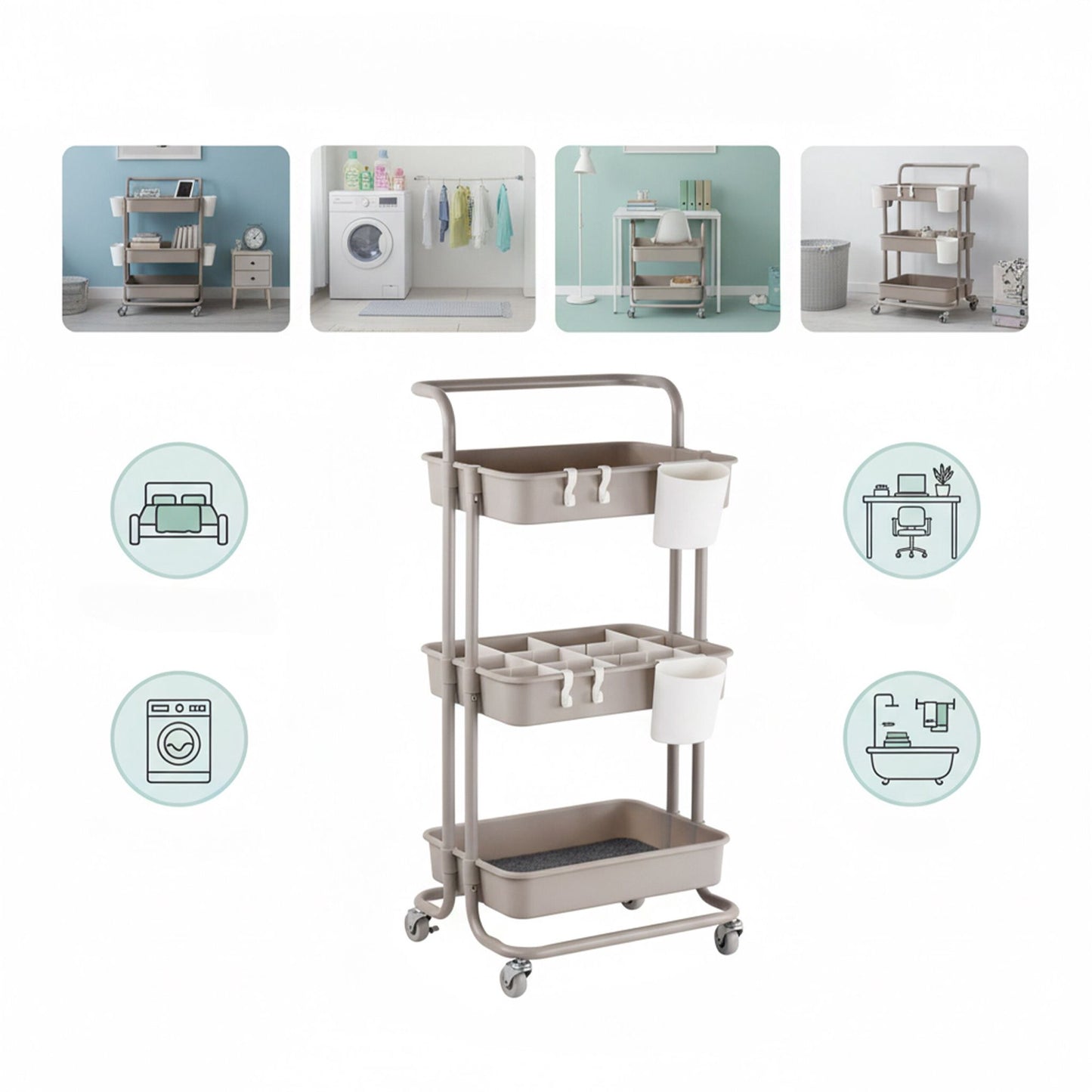 3-Tier Trolley with Adjustable Dividers and Hooks