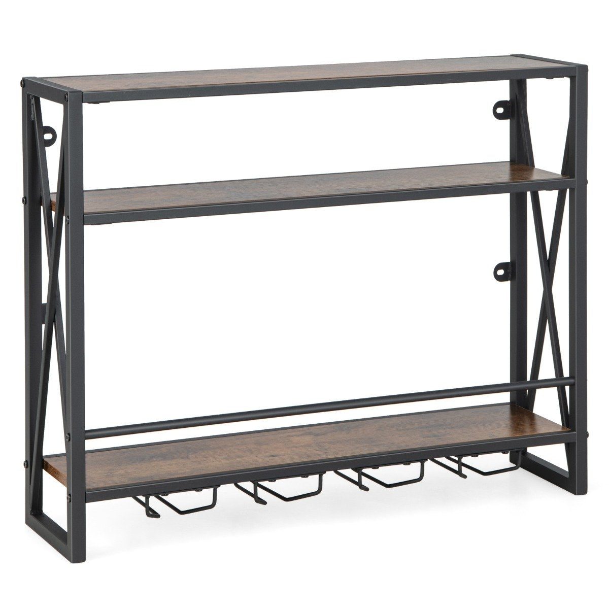3 Tier Wall Mounted Metal Wine Rack with Glass Holder Industrial Design Rustic Brown
