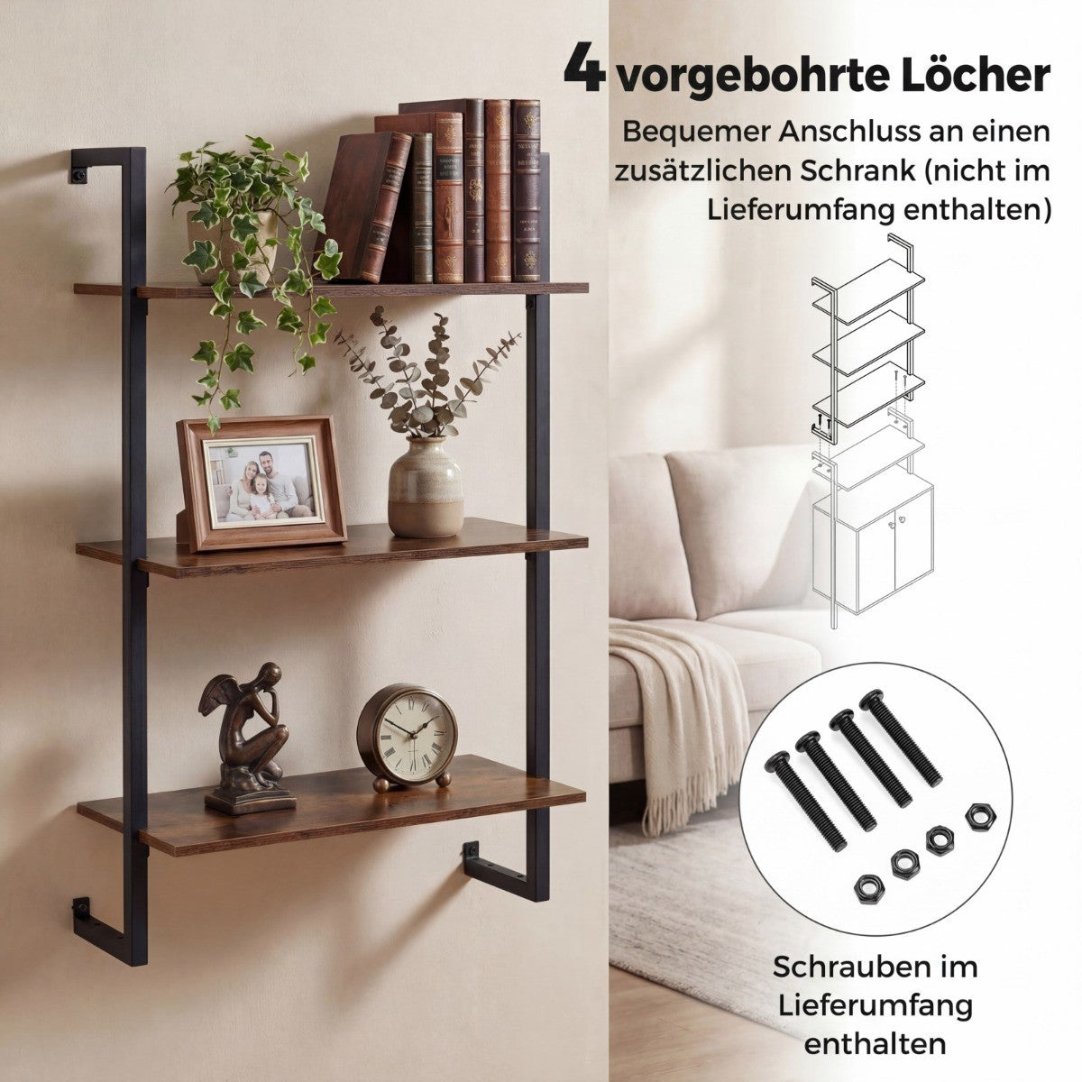 3-Tier Wall Shelf with Metal Frame – Rustic Brown