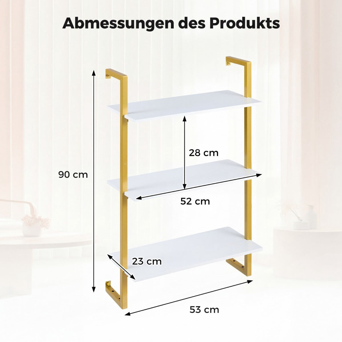 3-Tier Wall Shelf with Metal Frame – White, 53x23x90 cm