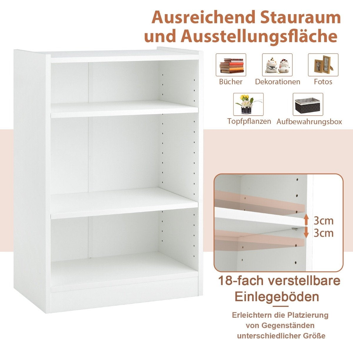 3-Tier White Bookshelf with Adjustable Shelves, 50x30x75 cm
