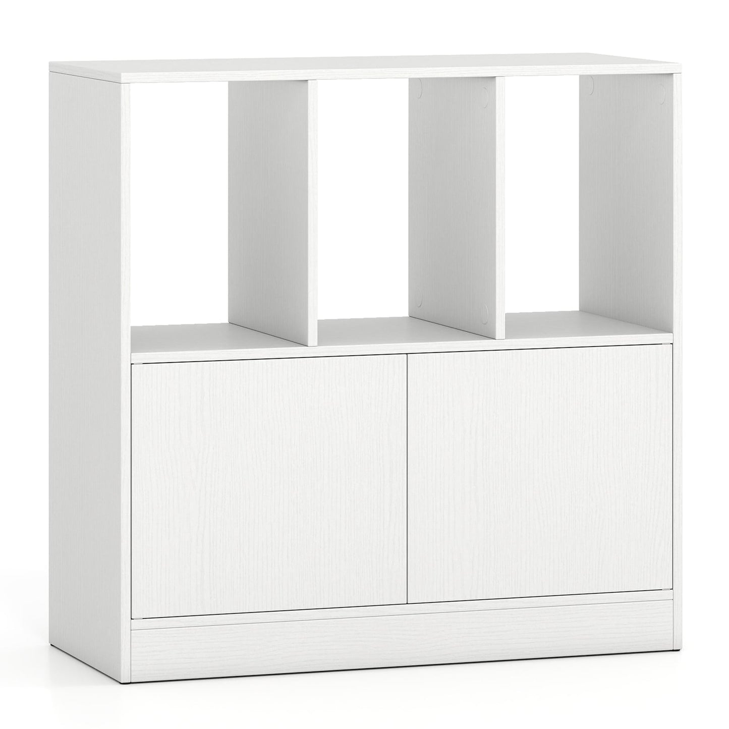 3-Tier White Bookshelf with Doors and Open Cubes