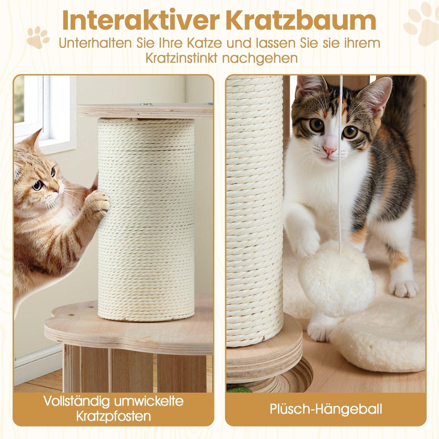 3-Tier Wood Cat Tree with Capsule and Scratch Posts