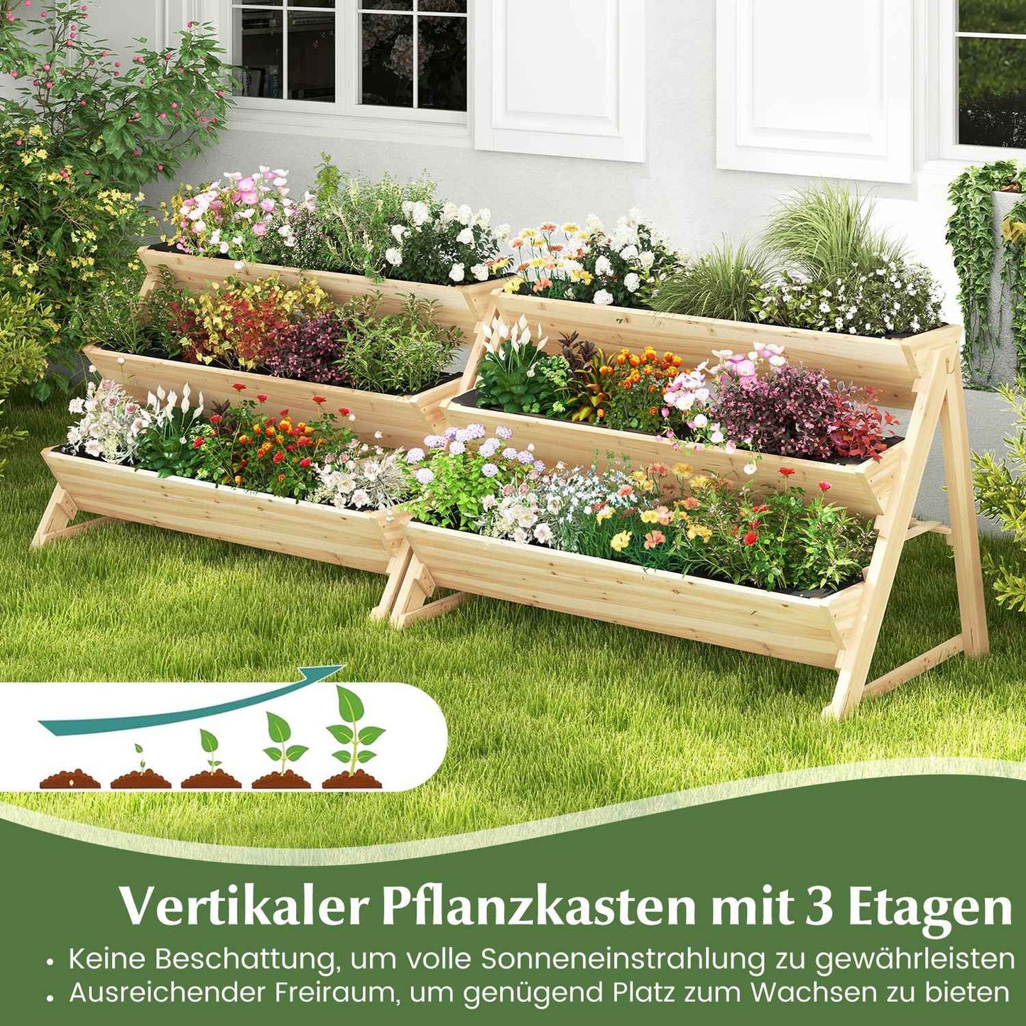 3-Tier Wooden Raised Garden Bed with Shelf & Hooks