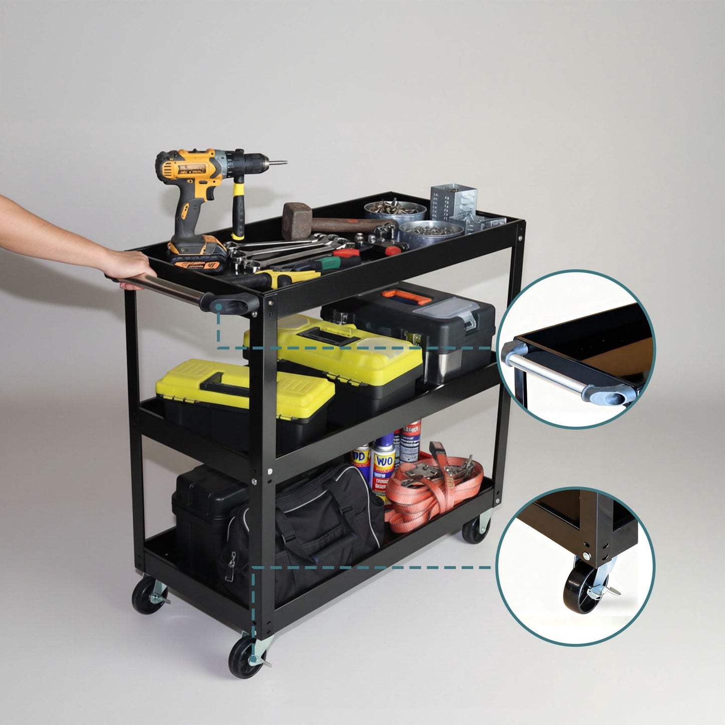 3-Tier Workshop Trolley with Swivel Castors