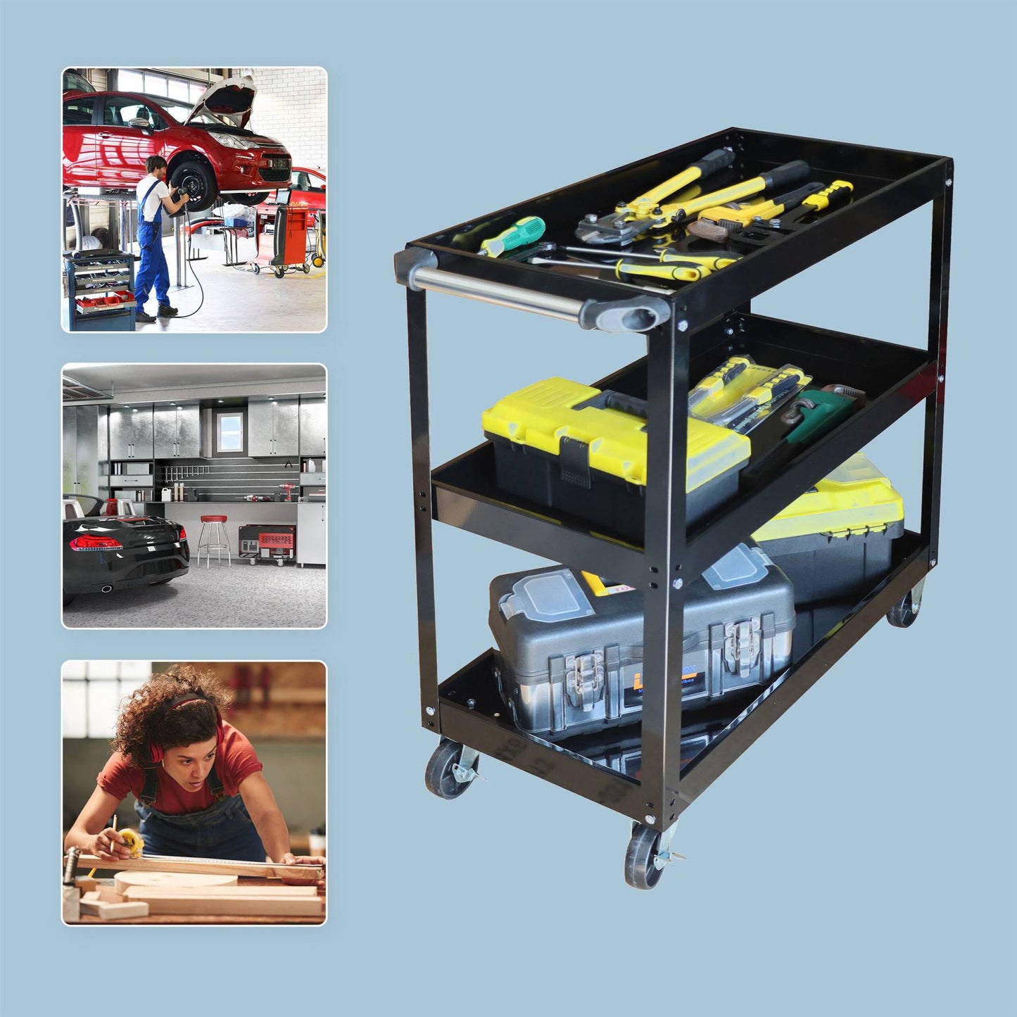 3-Tier Workshop Trolley with Swivel Castors