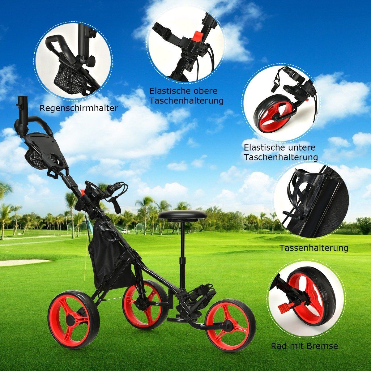 3-Wheel Adjustable Golf Cart with Seat, Red/Black
