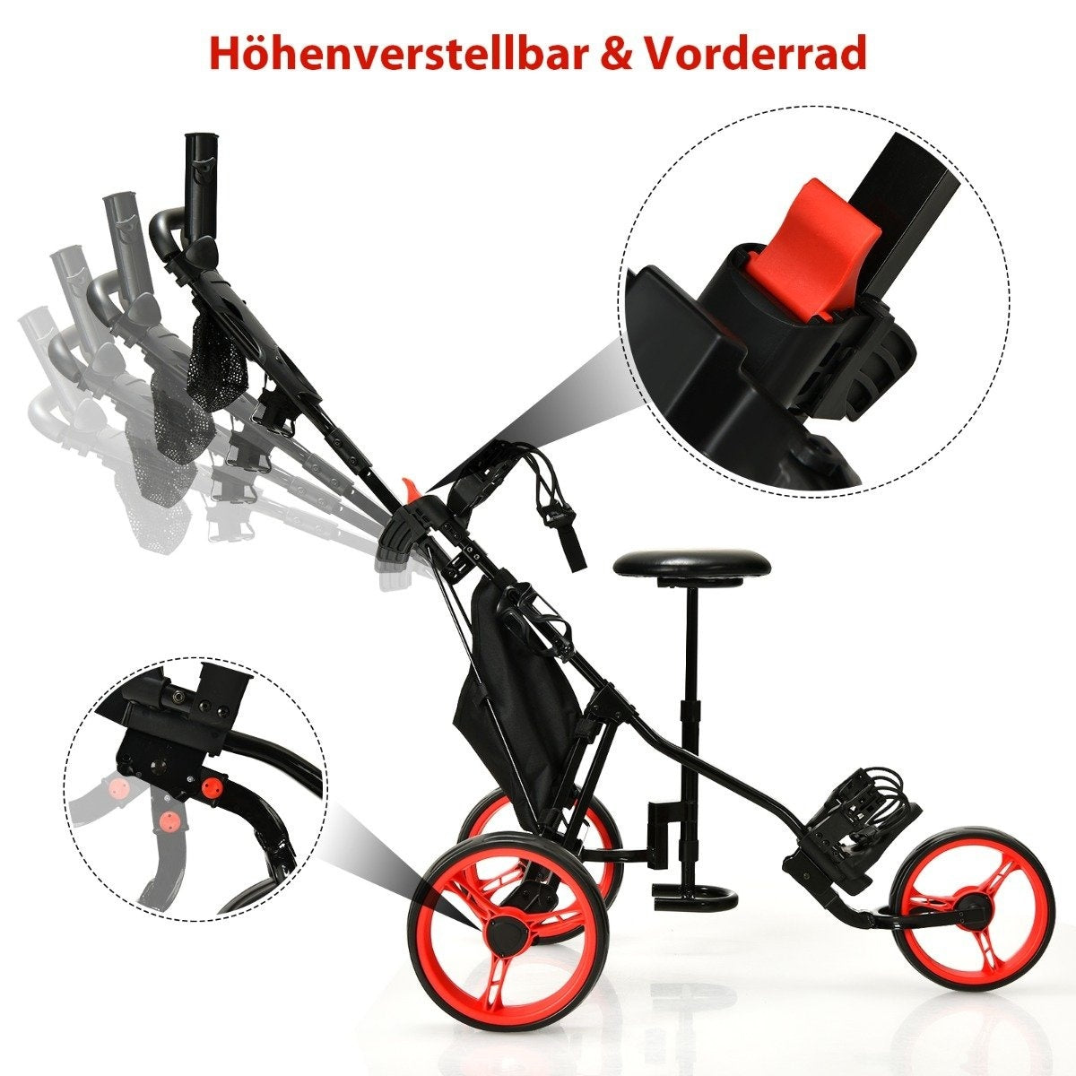 3-Wheel Adjustable Golf Cart with Seat, Red/Black