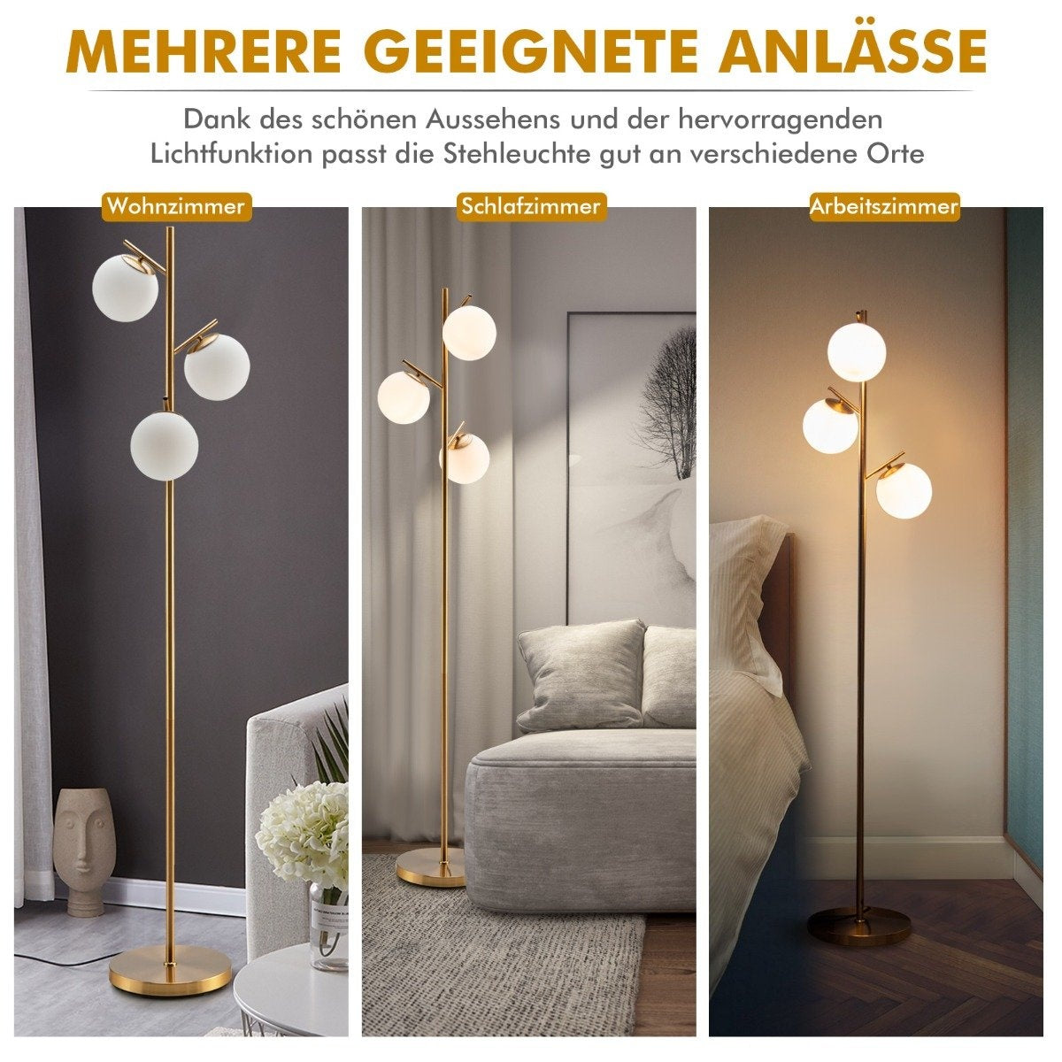 3-bulb floor lamp with practical foot switch & E27 bulb base reading lamp
