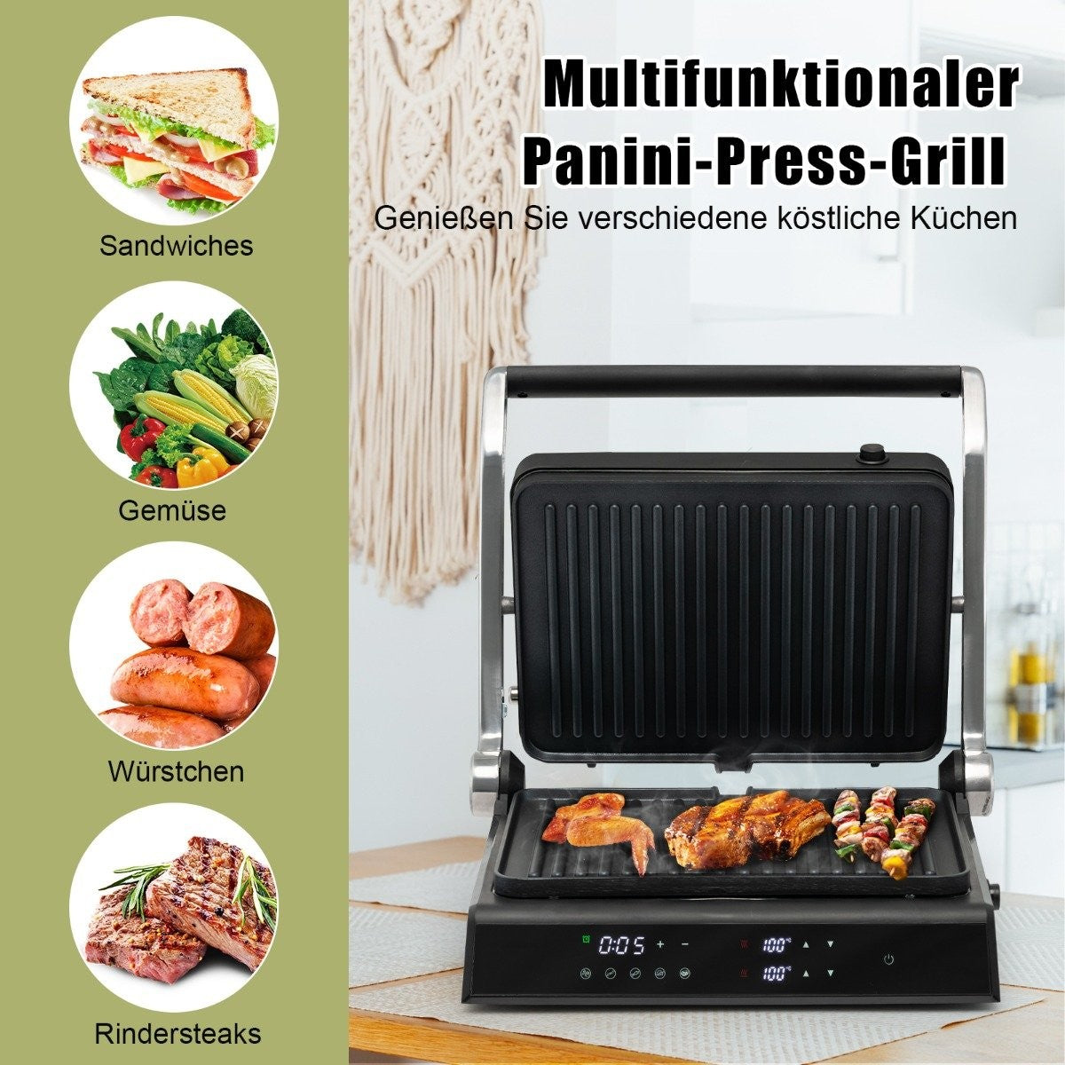 3-in-1 1800W Panini Press Grill with Non-Stick Plates Electric Grill