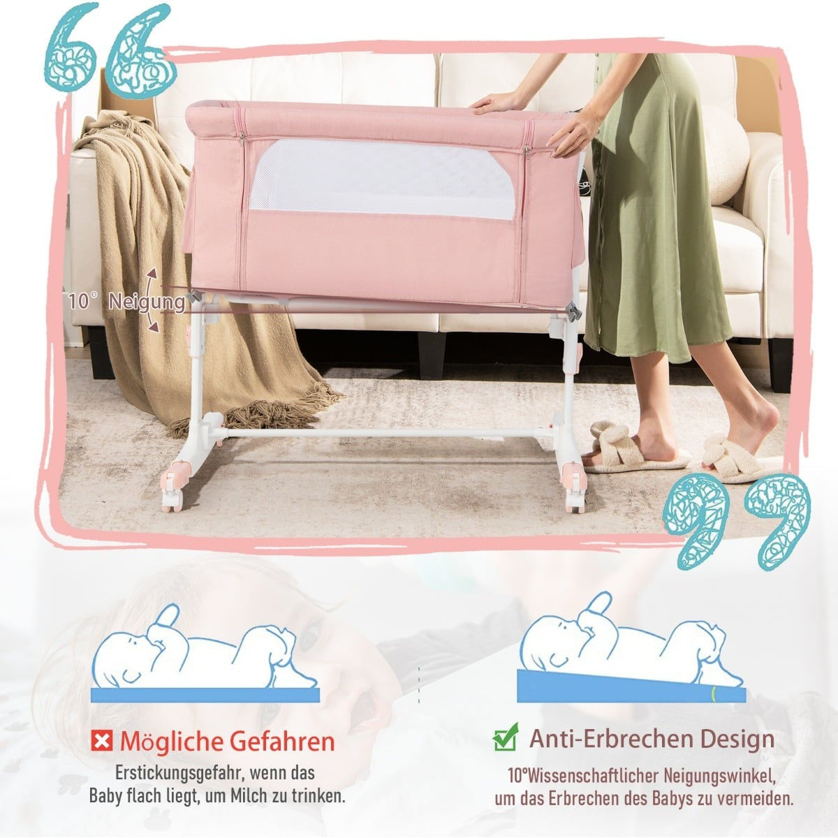 3-in-1 Adjustable Baby Bedside Crib & Bassinet, Pink