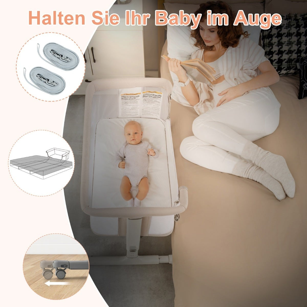 3-in-1 Baby Crib, Bassinet & Bedside Sleeper with Mattress
